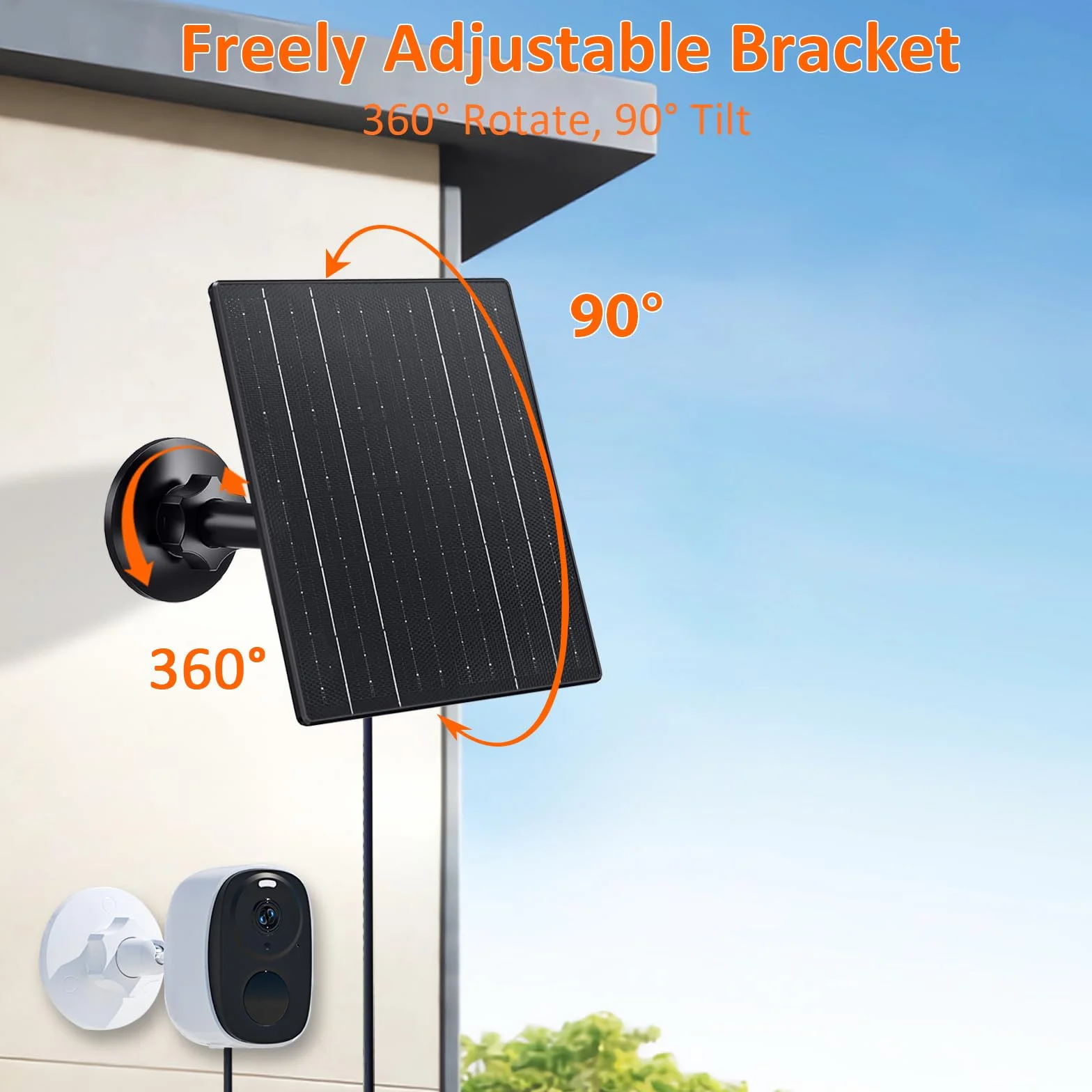 Zivif Ładowarka solarna 10 W, panel słoneczny 5 V do kamer bezpieczeństwa z portami USB-C/Micro USB/DC 5,5 x 2,1 mm, wodoodporność IP66, regulowany uchwyt 360° i kabel 2,2 m