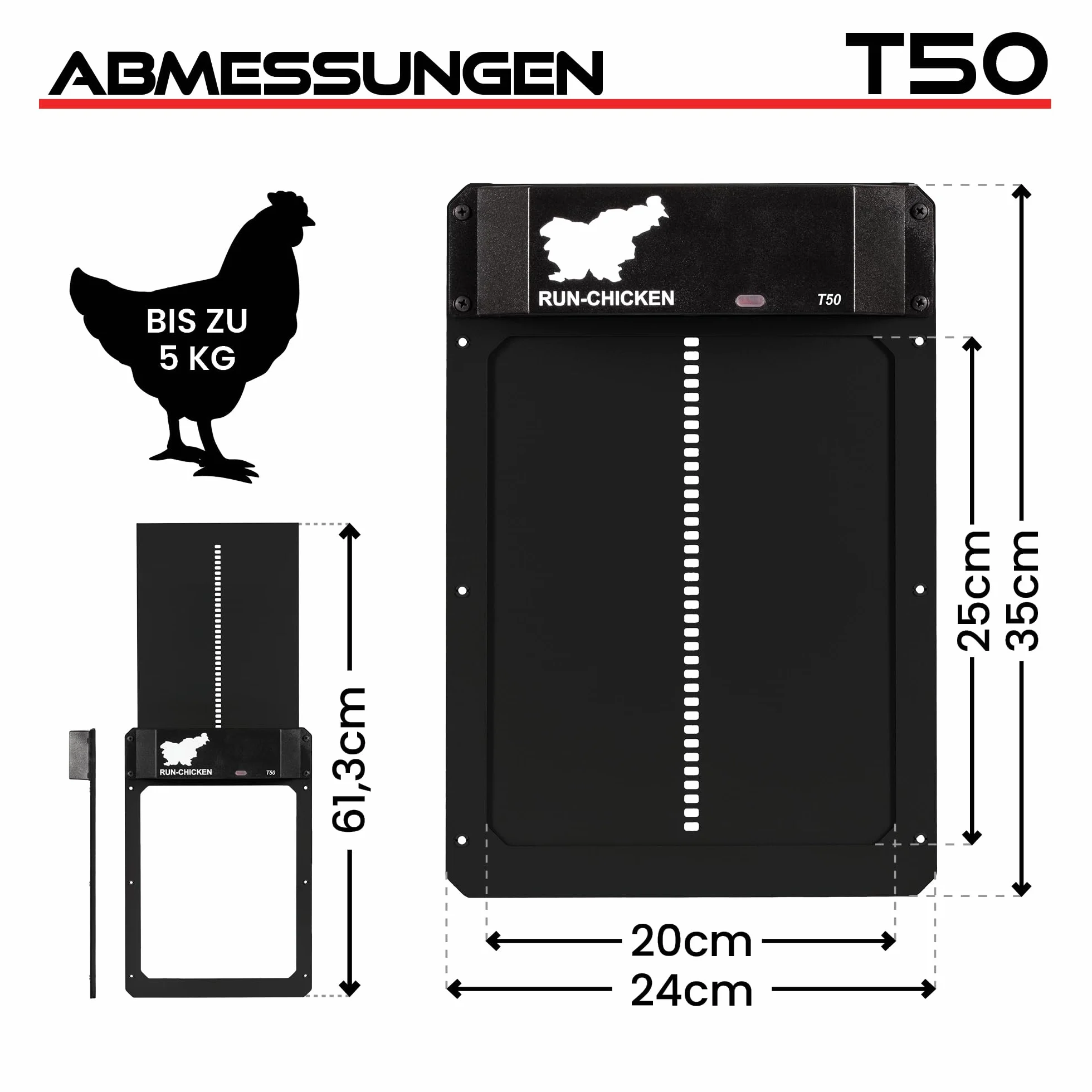 RUN-CHICKEN Drzwi Automatyczne do kurnika, Onyx – Aluminium, zasilanie bateryjne (2 x AA), sterowanie przez aplikację, czujnik światła i timer z opóźnieniem, odporne na warunki atmosferyczne – drzwi