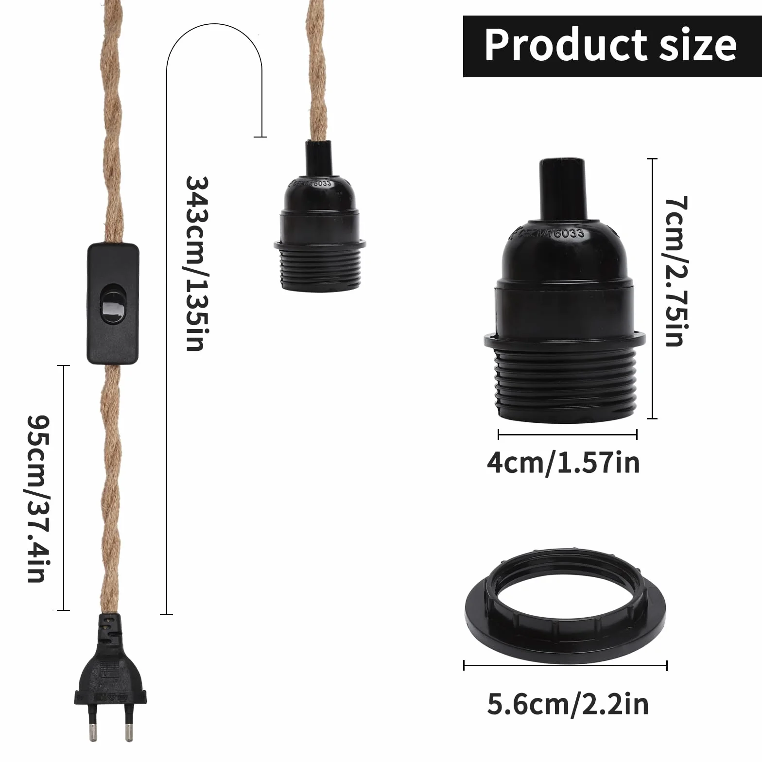 LOANLIUT oprawa lampy E27 z kablem 4,5 m, z woreczkiem śrubowym i hakiem bakelitowym, oprawa lampy z liny konopnej w stylu vintage z kablem i wtyczką, DIY oprawa E27 do salonu, kuchni, baru, odporna