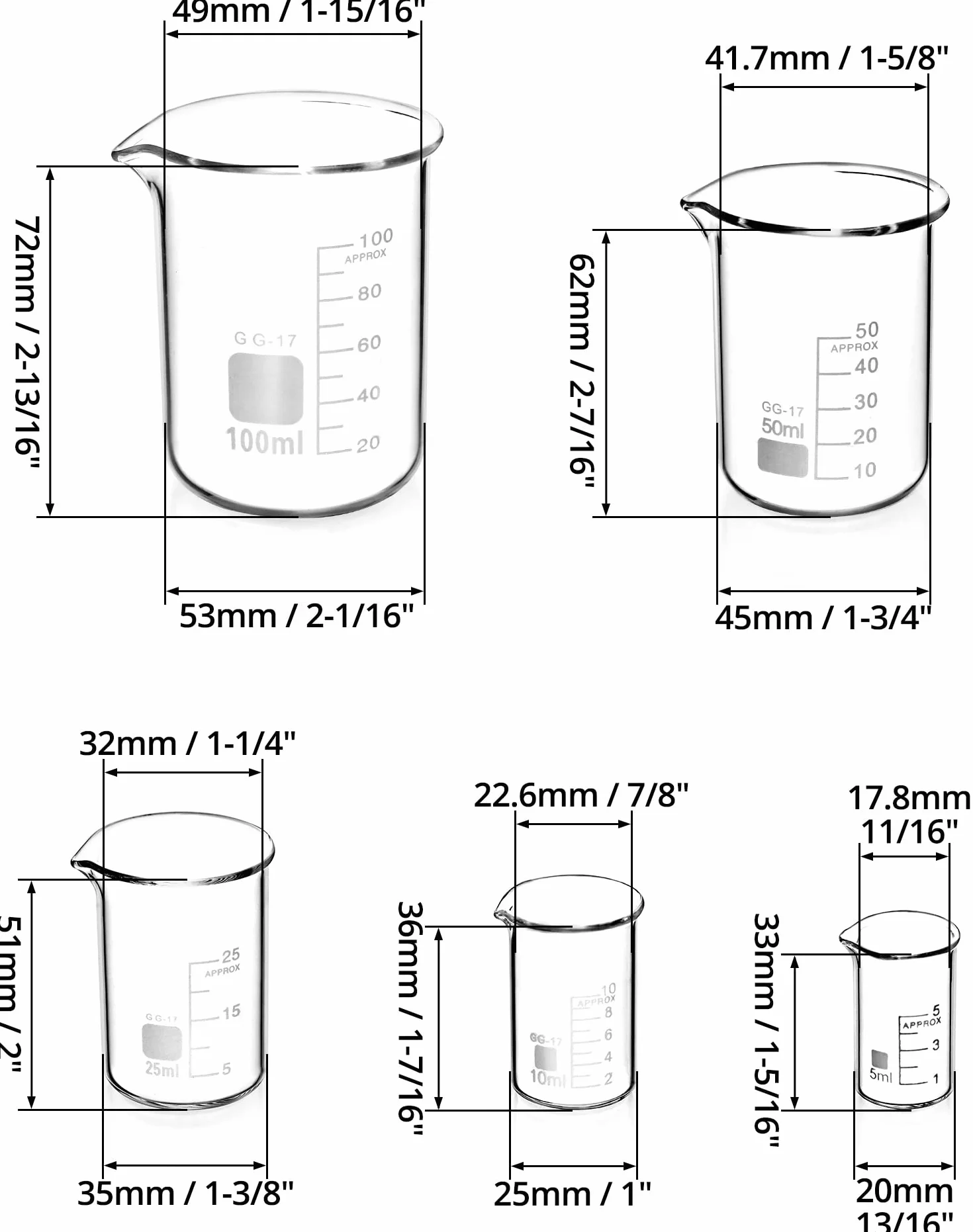 QWORK Zlewka szklana 5 ml 10 ml 25 ml 50 ml 100 ml Zestaw do laboratorium