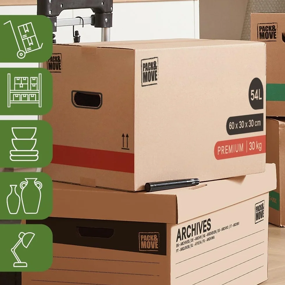 Pack and Move - Zestaw 30 kartonów przeprowadzkowych premium - 60 x 30 x 30 - ekstremalna wytrzymałość 30 kg - wielokrotnego użytku - wzmocnione uchwyty - 2 naklejki w zestawie