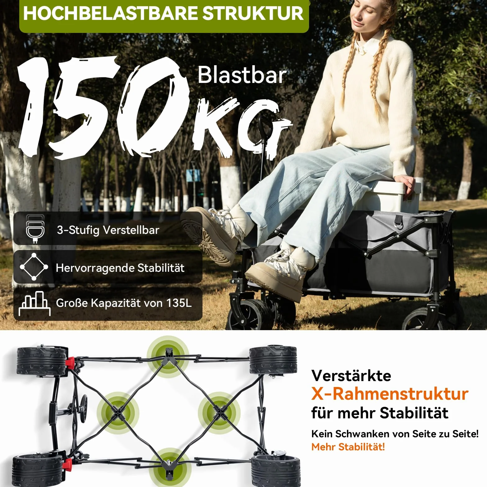 HIKENTURE Składany wózek transportowy 135 l 150 kg szerokie opony hamulce