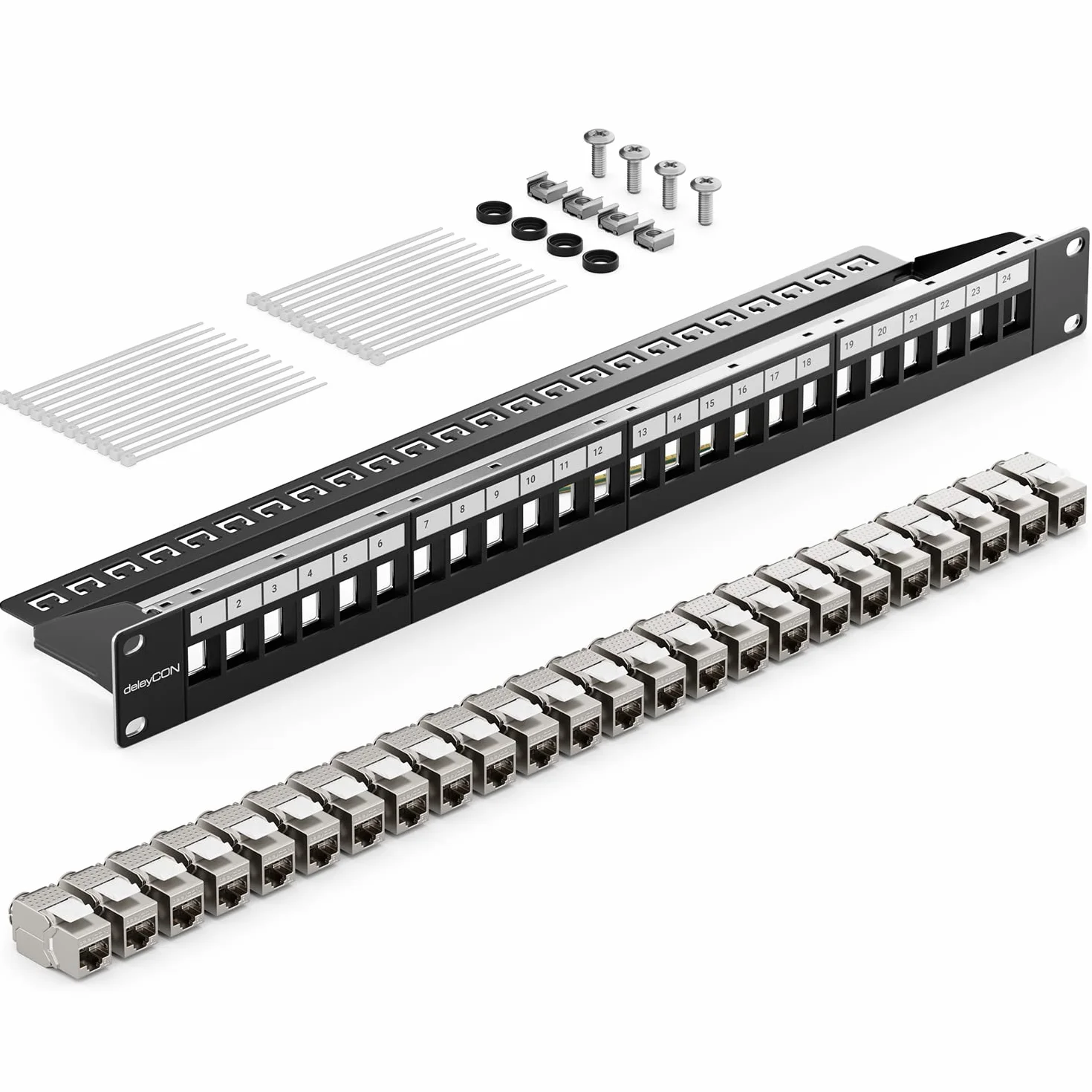 deleyCON 24 Portów Zestaw Paneli Patch Pole Łatki Modułowy 1 HE 19" Calowy Montaż w Szafie + 24x RJ45 Keystone Moduły CAT6a Kompatybilny z CAT5 CAT6 CAT7 LAN Kabel Sieciowy Kabel do Układania Czarny