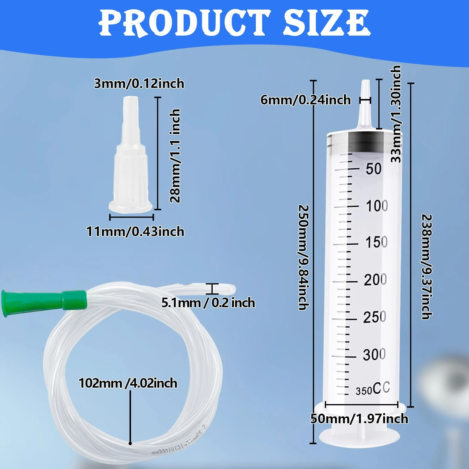 Strzykawka o dużej pojemności 350 ml, wielokrotnego użytku, strzykawka z tworzywa sztucznego, strzykawka z dozownikiem, pojedynczo uszczelniona strzykawka z cewnikiem, strzykawka pomiarowa do