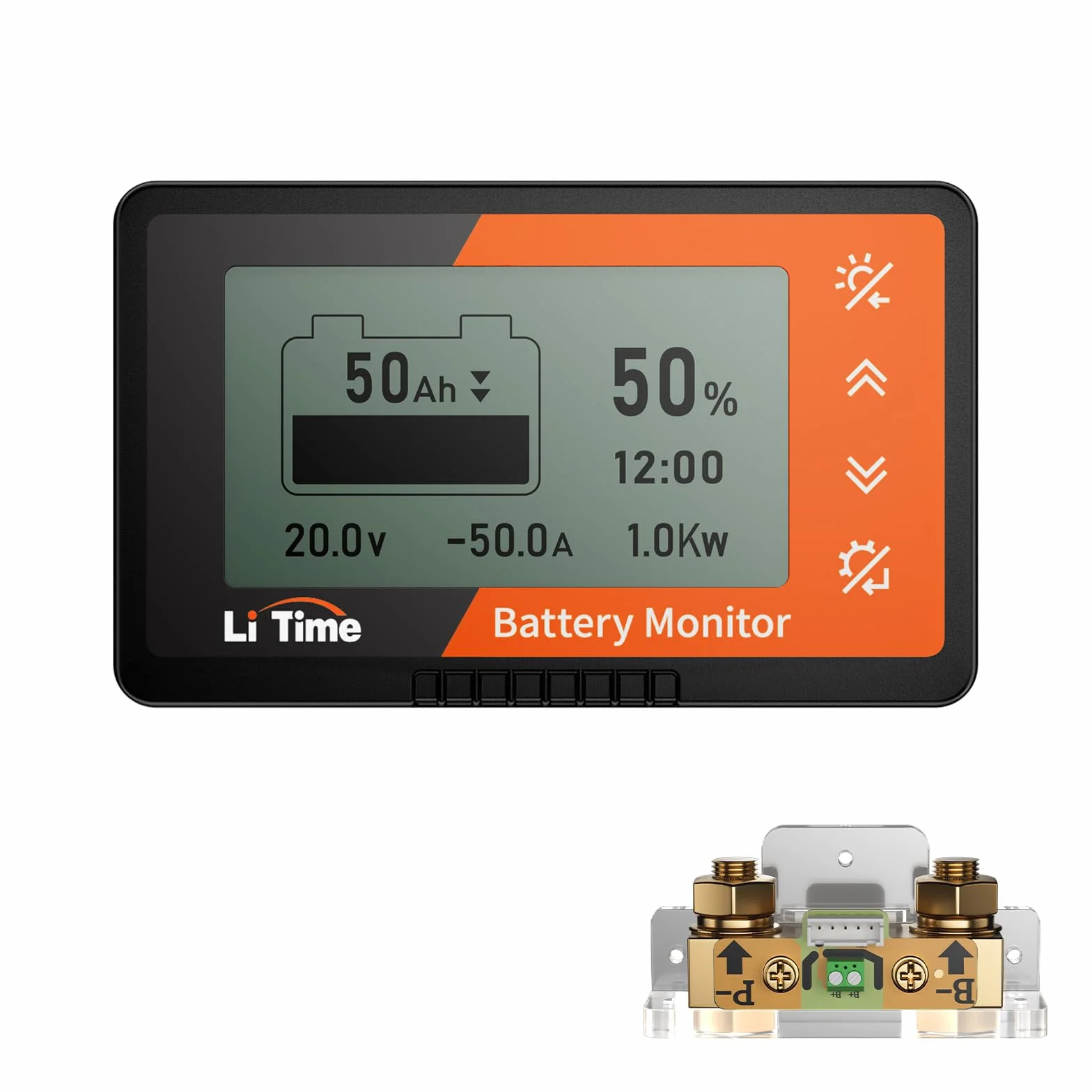 LiTime Monitor baterii z bocznikiem, 500 A, 8 V-120 V, monitor baterii do przyczepy kempingowej, motocykla, wózka golfowego, bateria solarna z ekranem LCD, alarm buzzera, pojemność, procent czasu,