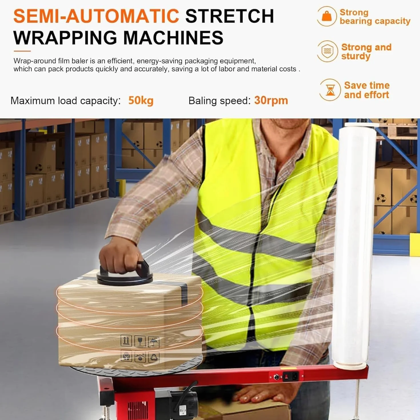Electric Stretch Film Wrapping Machine Turntable Double Shaft Semi-Automatic Pallet Packing Industrial