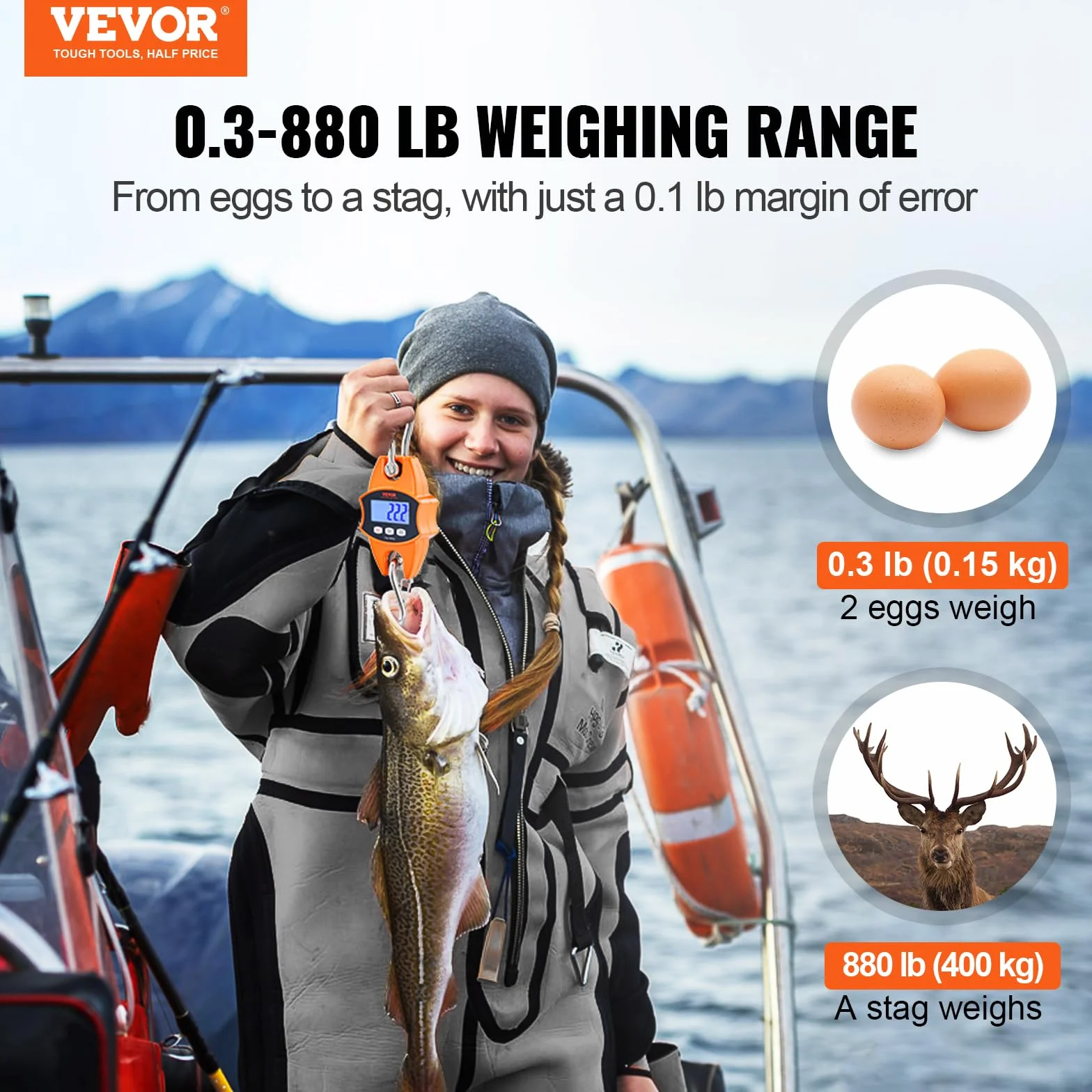 VEVOR Waga dźwigowa 0,15 do 400 kg, cyfrowa waga wisząca, waga 0,05 kg, dokładność 0,05 kg, waga przemysłowa, wyświetlacz LCD, wisząca mini waga przenośna z wbudowaną taśmą pomiarową 1 M