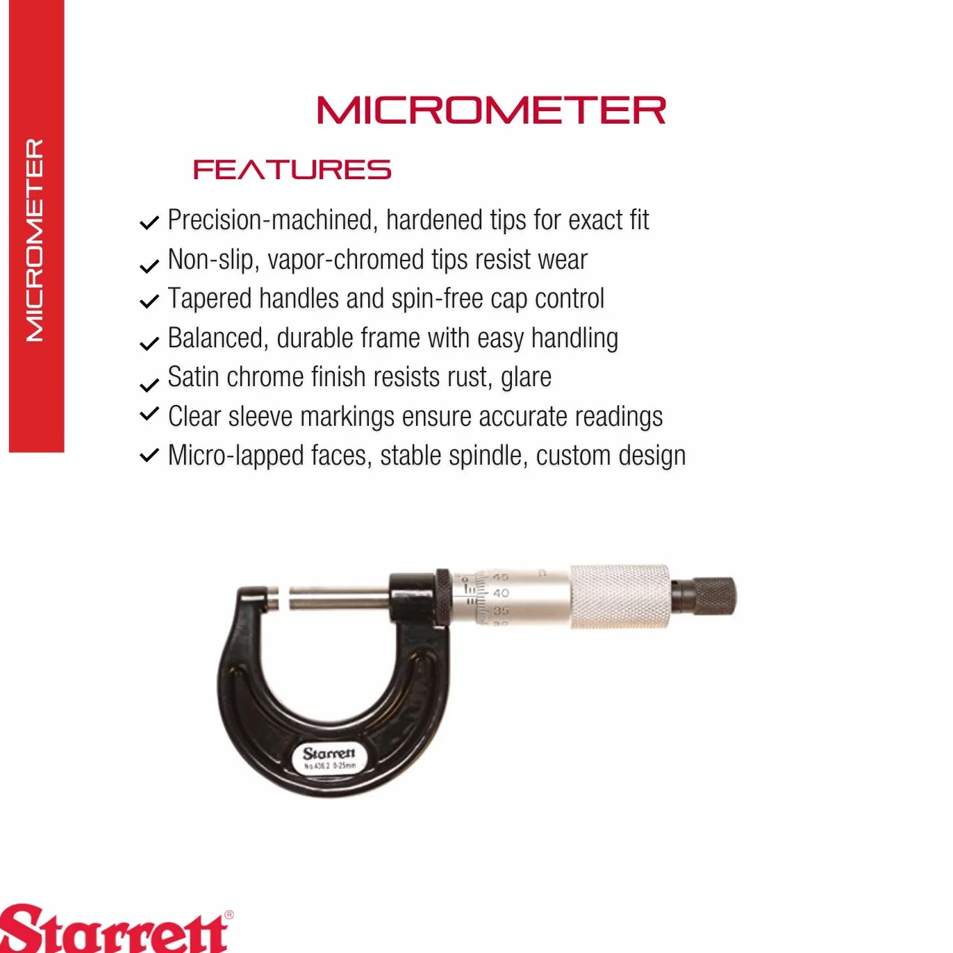 Starrett V436.1MXRL-25 Mikrometr zewnętrzny 0-25 mm ukończenie szkoły 0,001 mm