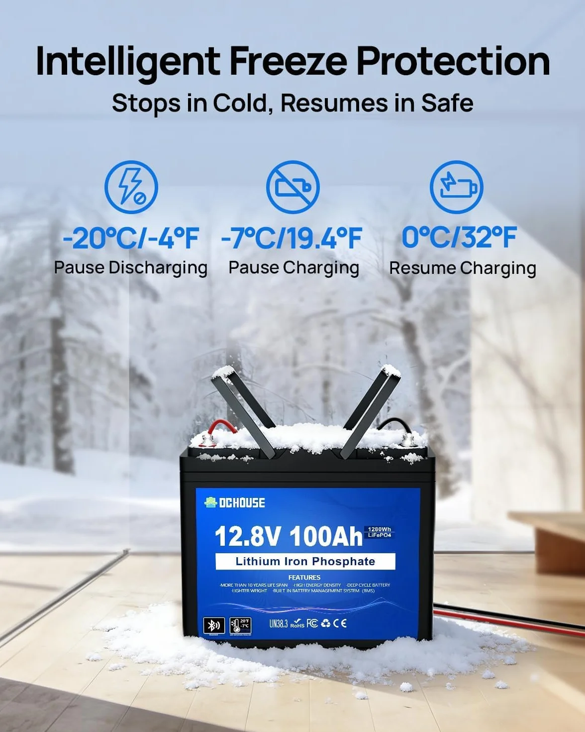 DCHOUSE Bluetooth LiFePO4 12 V 100 Ah akumulator litowy z BMS 100 A, do 15000 cykli, akumulator litowy 1280 Wh, do silników trollingowych, przyczep kempingowych, instalacji solarnych, przyczep