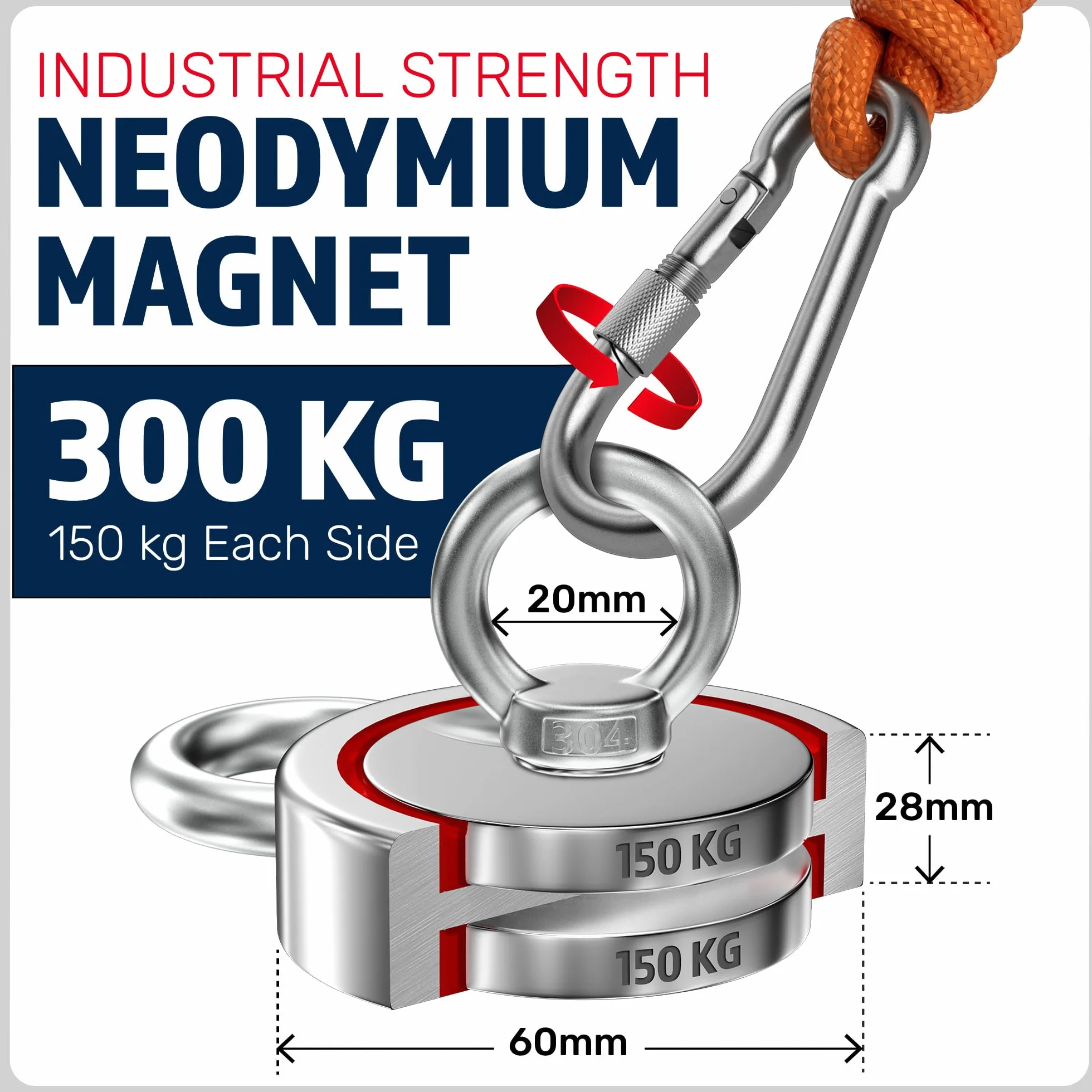 MAGFISHION Dwustronny Zestaw do Magnetycznego Wędkarstwa 300KG Ø60mm Magnes Neodymowy 20M