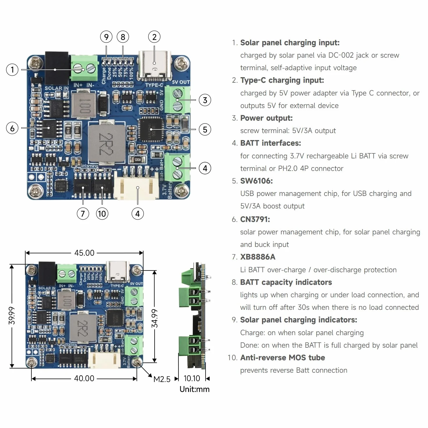 Waveshare Solar Power Manager Module (D), Support 6V~24V Solar Panel & Type-C Power Adapter, 5V/3A Output, Solar Controller USB, MPPT Solar Charger, with batt Holder (batt are Not Included)