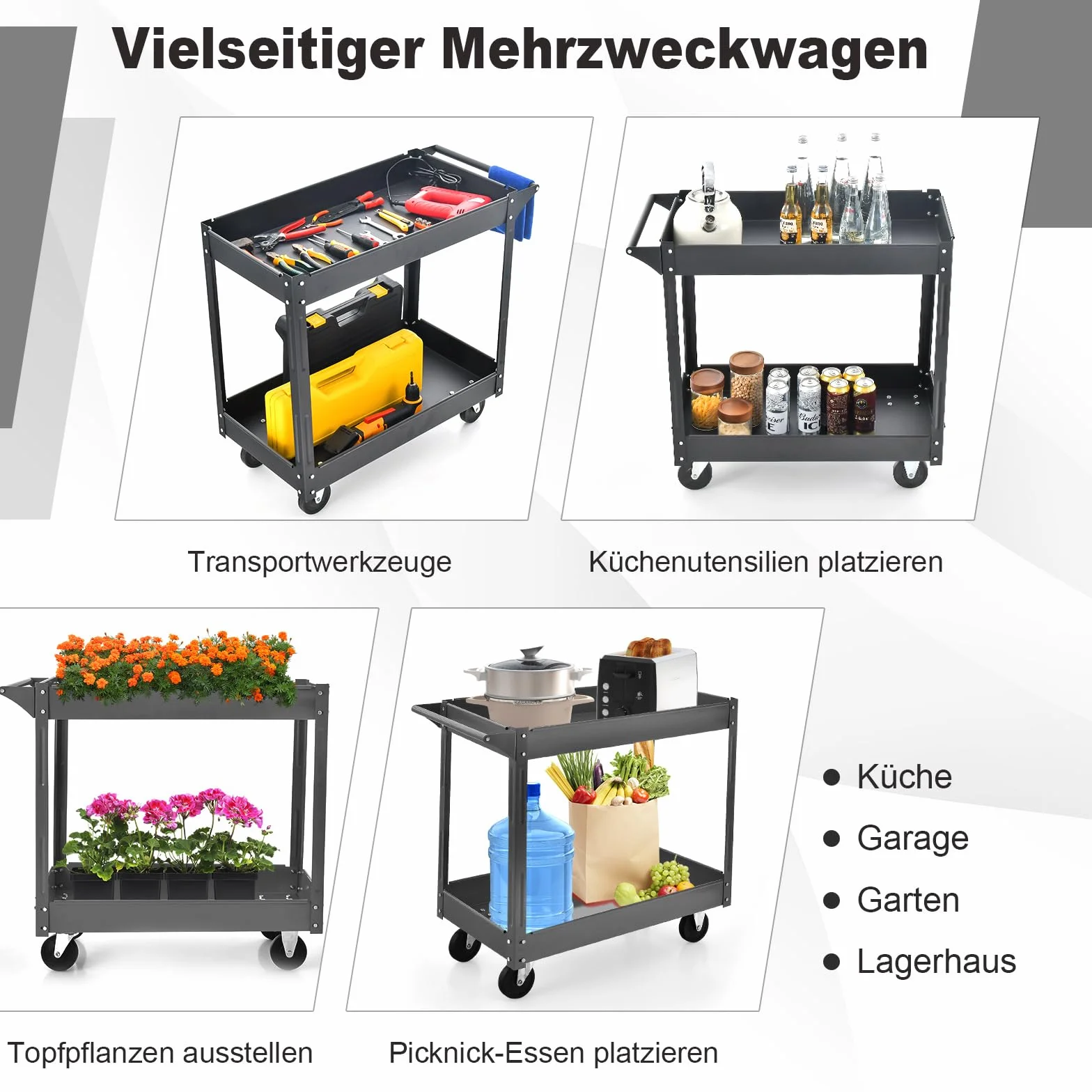 COSTWAY Wózek warsztatowy 2-kondygnacyjny metalowy 100 kg 85x41x79 cm Czarny