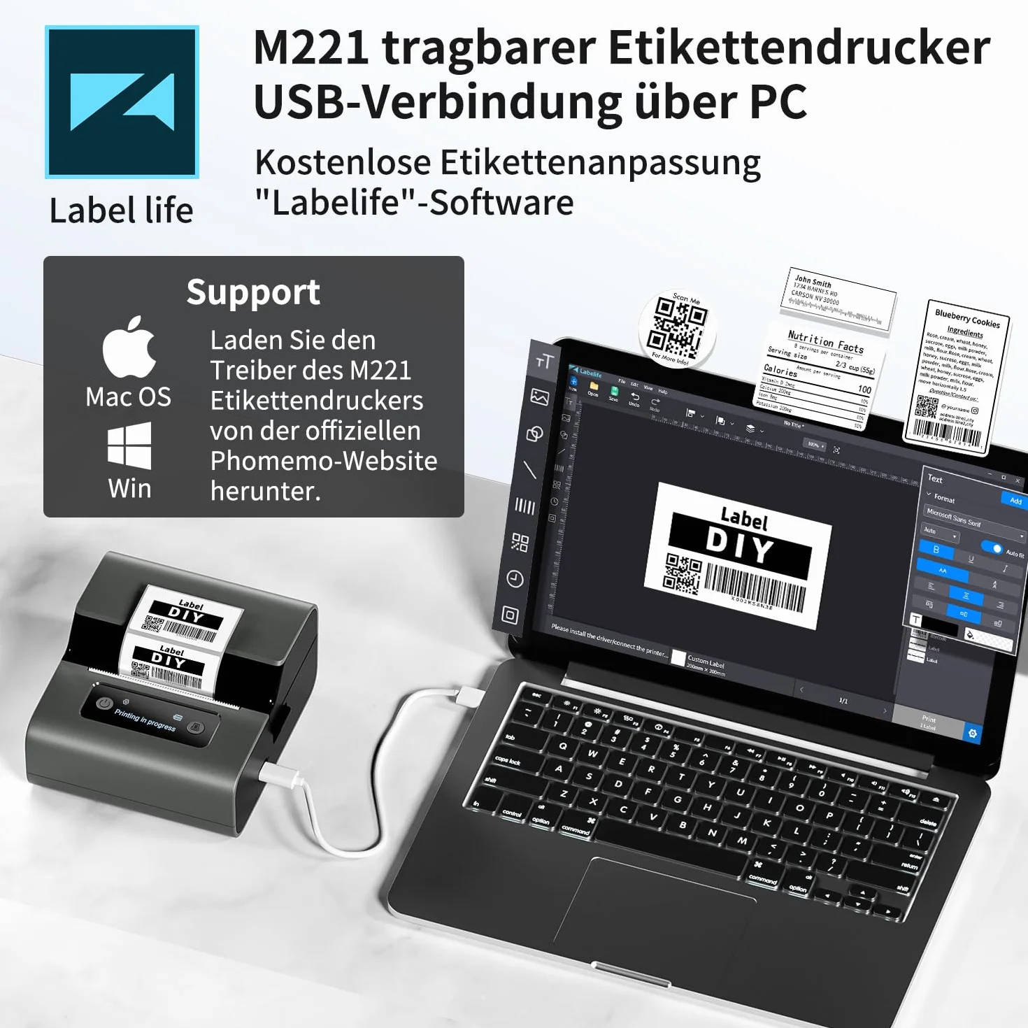 Phomemo M221 drukarka etykiet, 1 cale, Bluetooth, samoprzylepna, ulepszona drukarka etykiet, do kodów kreskowych, domu, biura, małych firm, do systemów Android i iOS, czarna