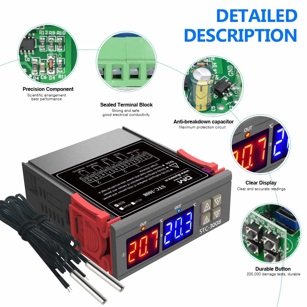 diymore STC-3008 regulator temperatury cyfrowy z podwójnym czujnikiem NTC
