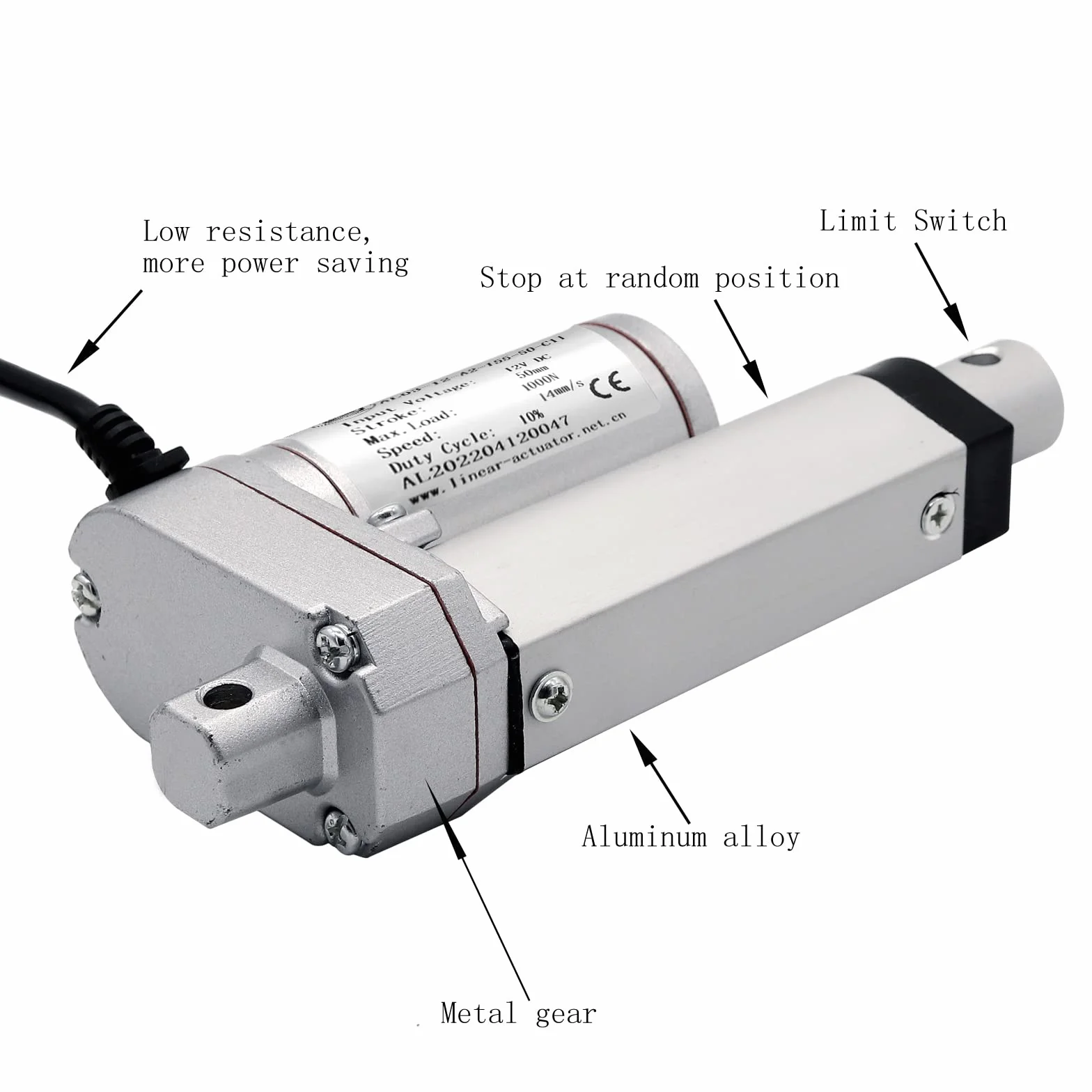 Siłownik liniowy 1000 N 50 mm 12 V DC, silnik z drążkiem do pchania