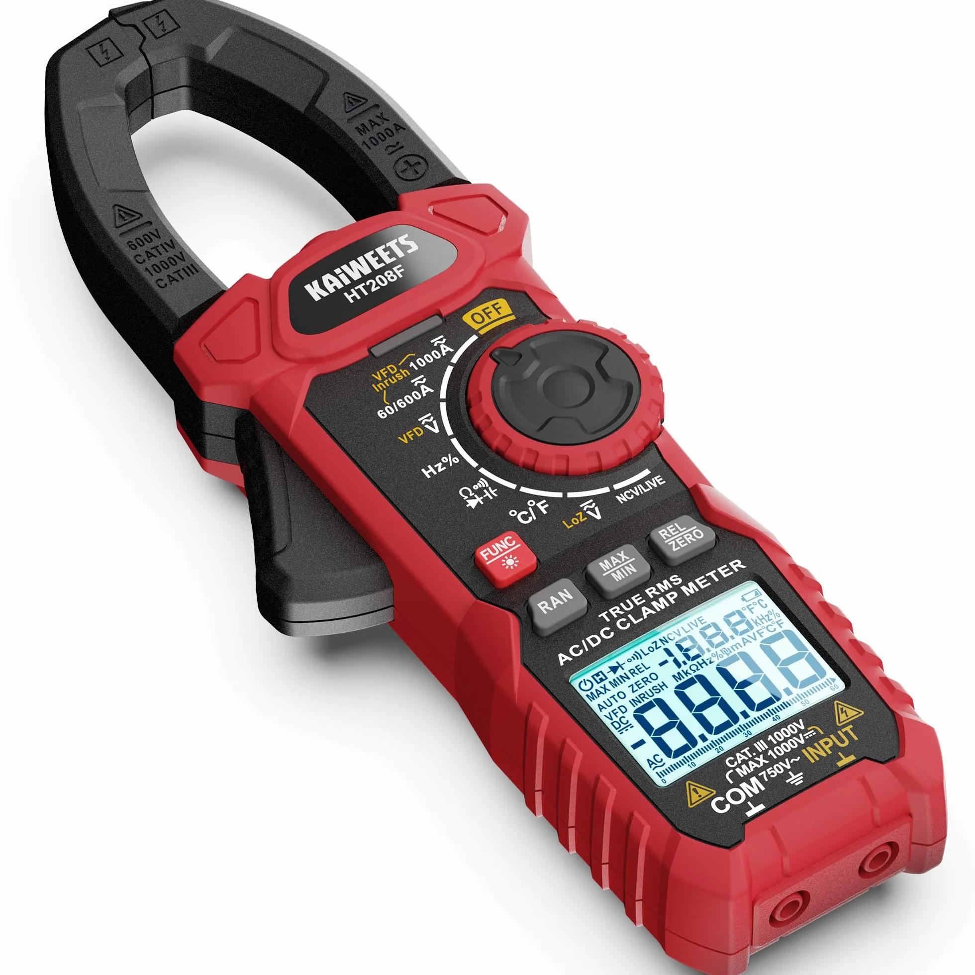 KAIWEETS Szczypce prądowe 1000 A AC/DC, szczypca prądowa 6000 liczników, tryb Vfd i Loz, zmodernizowany czarno-biały ekran, AC/DC, rezystancja, pojemność, pomiar prądu rozruchowego