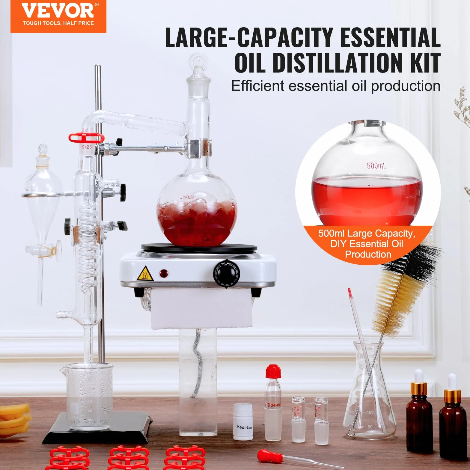 VEVOR Zestaw do destylacji olejków eterycznych 33 szt., 500 ml, Boro 3,3, płyta grzewcza 1000 W, 24/40