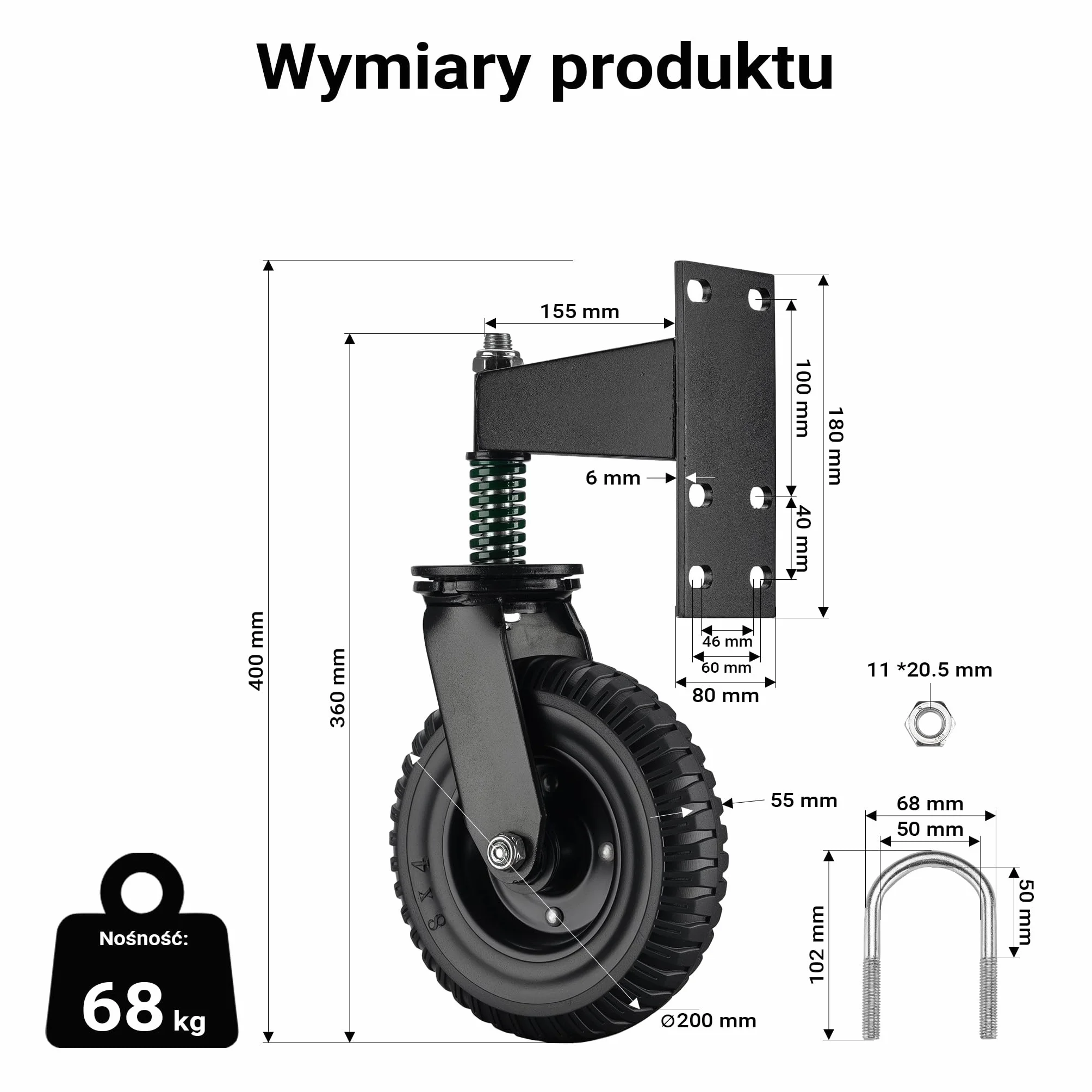 Wiltec Rolka sprężynowa do bramy o nośności do 275 kg, wspiera ciężkie bramy i drzwi, ø 200 mm, koło z profilem i śrubami do montażu