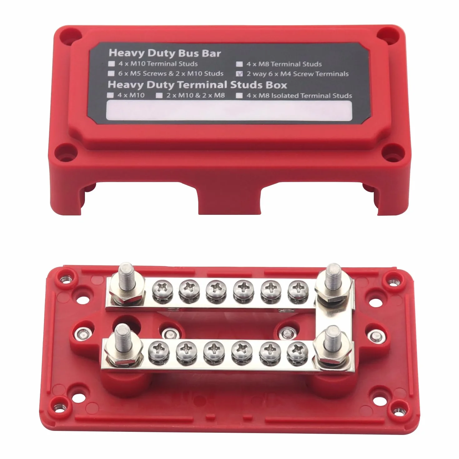 Busbar 12 V, listwa magistrali 100 A, solidne bloki rozdzielcze, słupki 4 x M6, słupki, 12 x M4, śruby Dominos, drążki magistrali dodatniej i podłogowej, bloki akumulatorów, czerwony i czarny