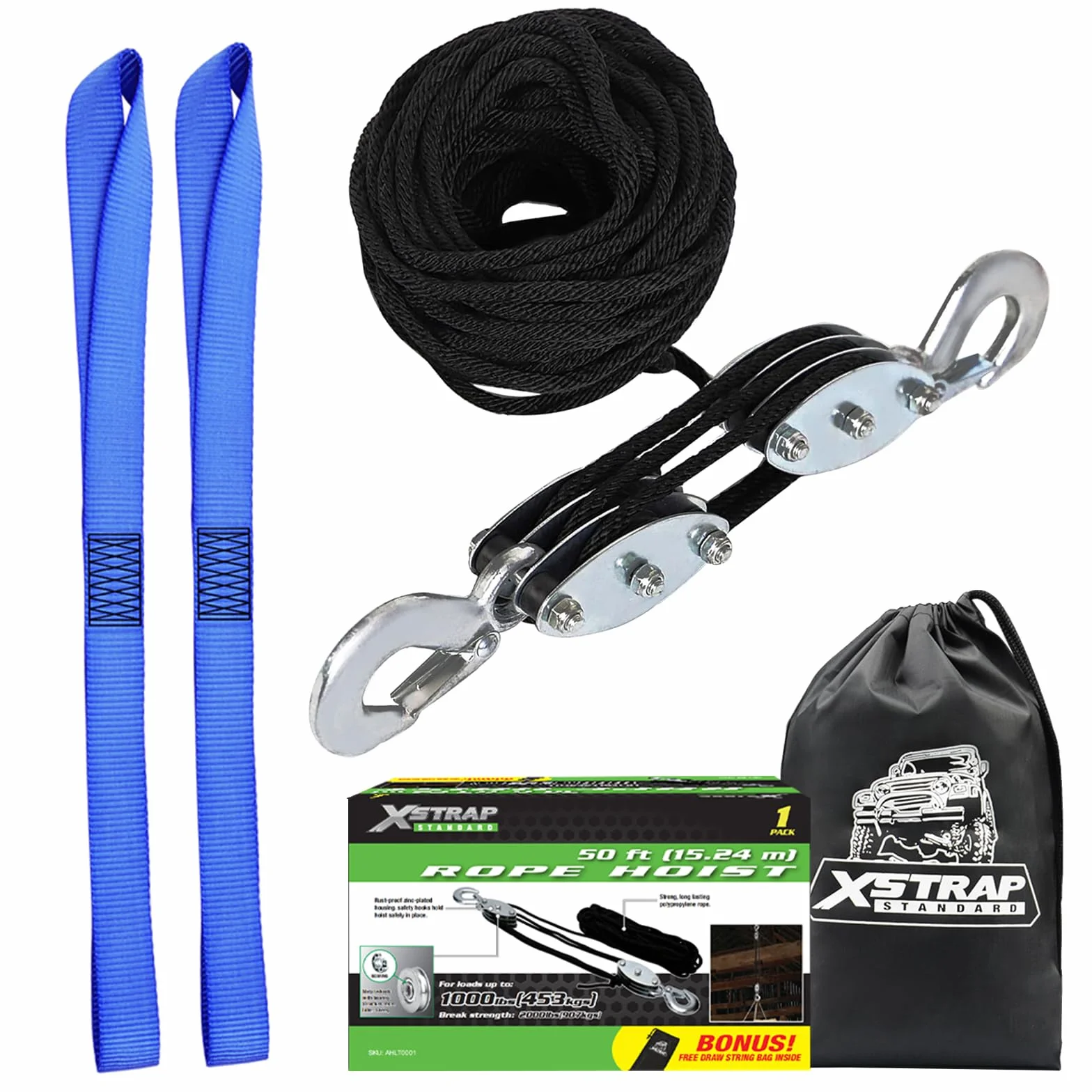 XSTRAP STANDARD Wytrzymały wciągnik linowy o wadze 0,9 kg, obciążenie robocze 453 kg i system koła pasowego do podnoszenia ciężkich przedmiotów (czarny)