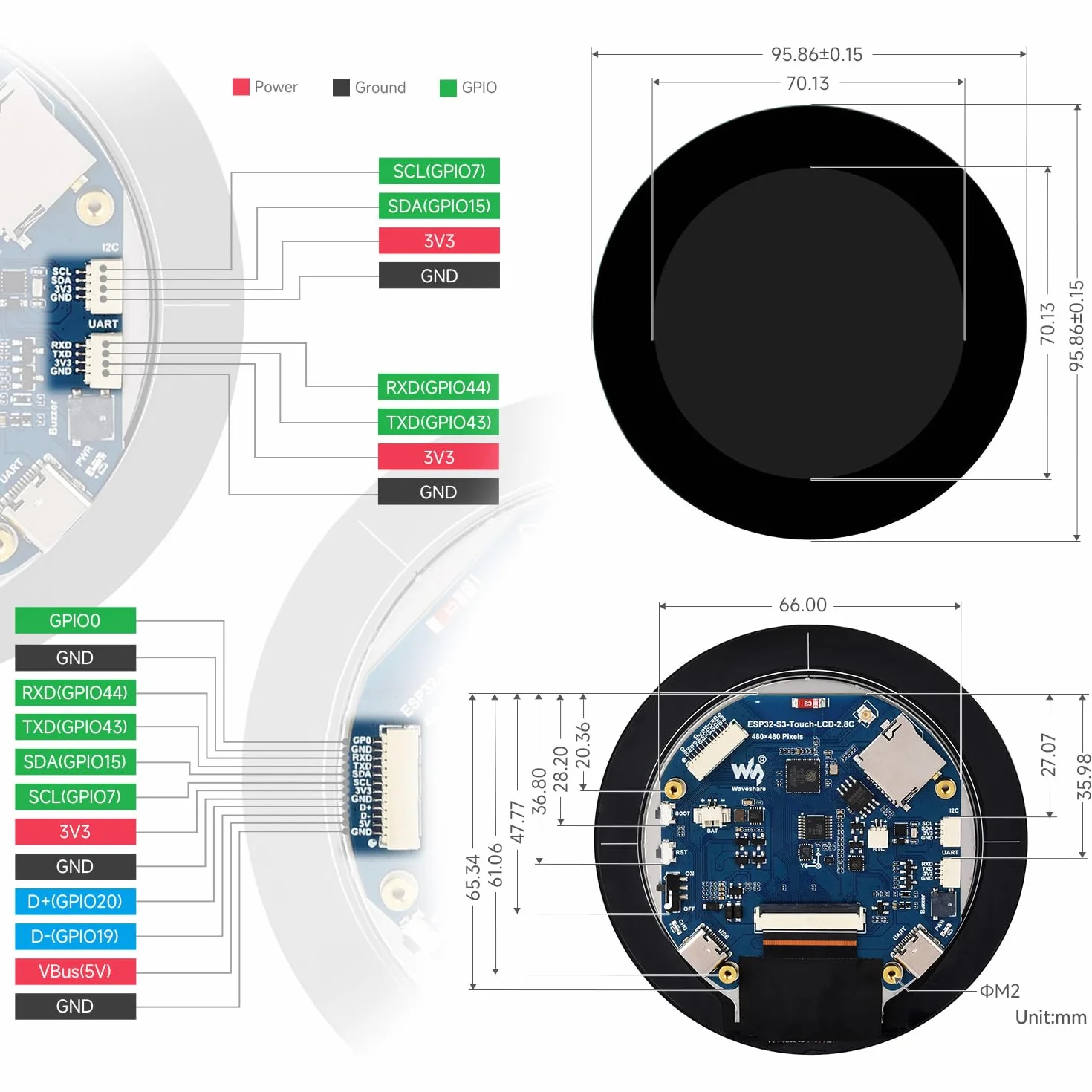 Waveshare ESP32-S3 2.8inch Capacitive Touch Round Display Development Board, 480x480, 32-Bit LX7 Dual-Core Processor, Supports WiFi & BT, ESP32 With Display