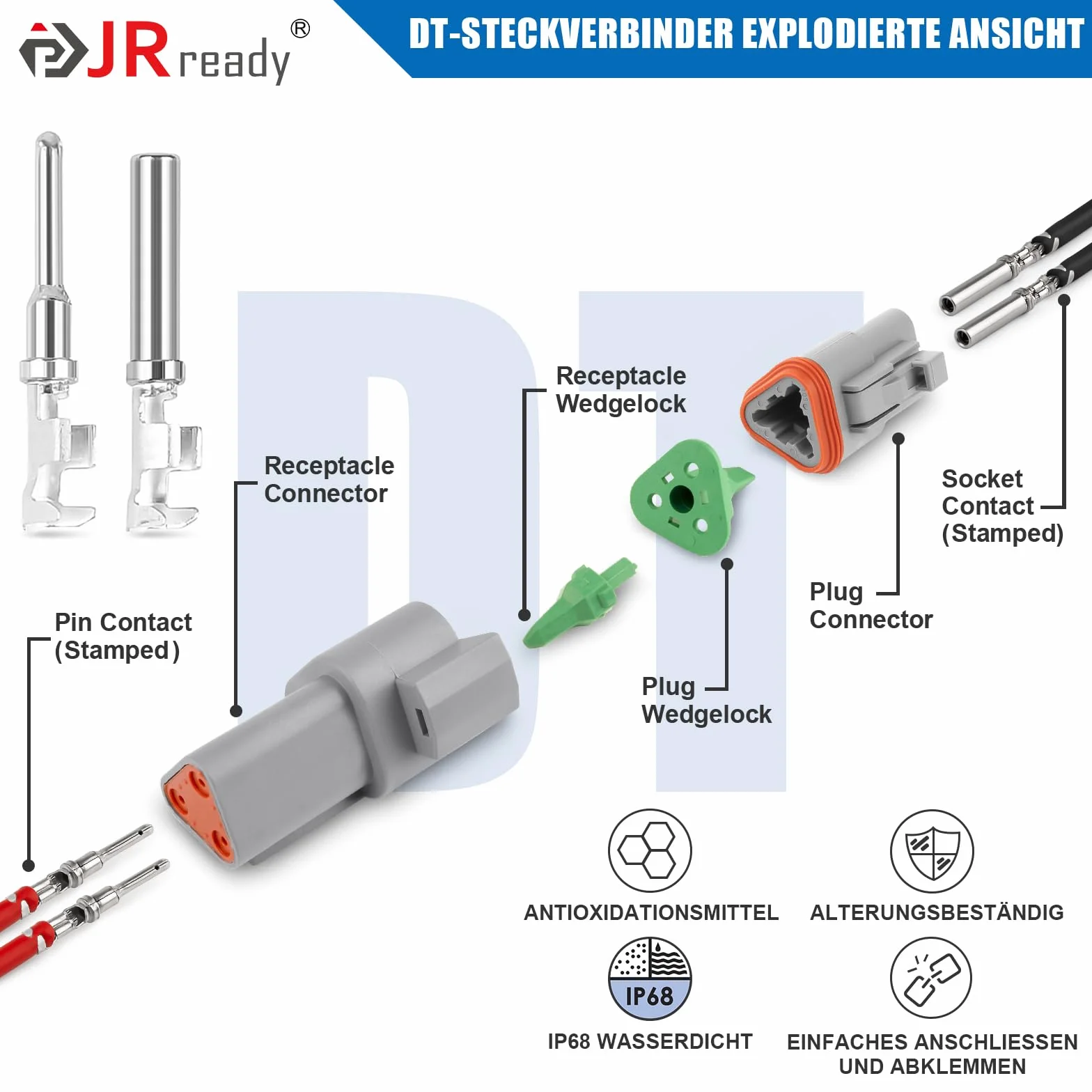 JRready zestaw złączy Deutsch DT 3 pin, wodoodporna wtyczka samochodowa IP68, 14-18 AWG, do auta, ciężarówki, motocykla i łodzi, 6 zestawów