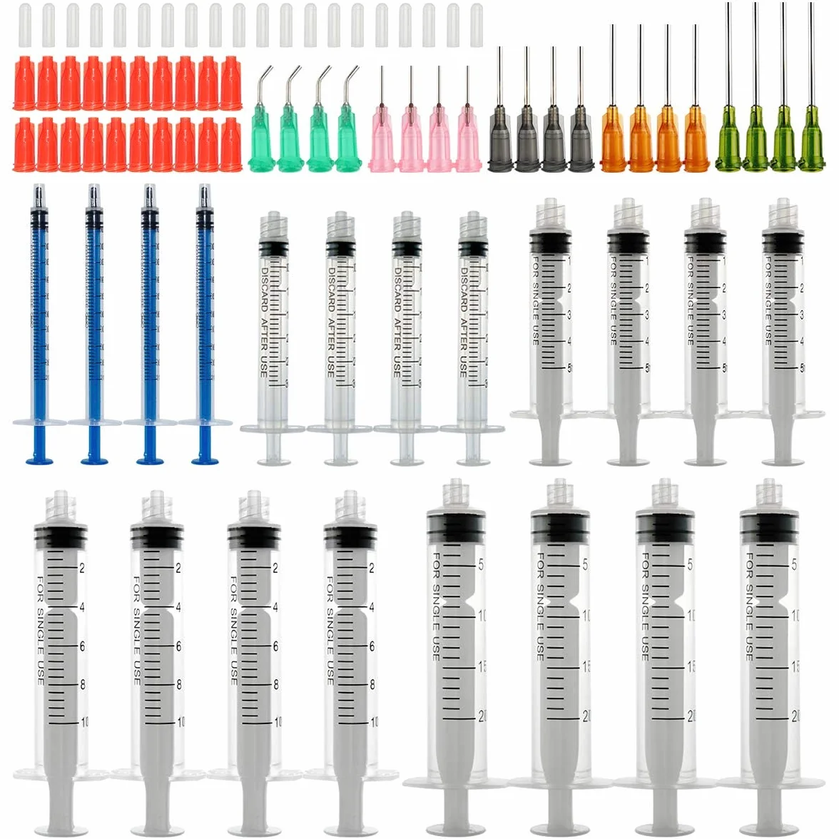 Zestaw tępych strzykawek 1ml, 3ml, 5ml, 10ml, 20ml z tępymi igłami 14g, 15g, 16g, 18g, 20g i nasadkami do strzykawek, Do przemysłowych klejów rzemieślniczych (20 szt.)