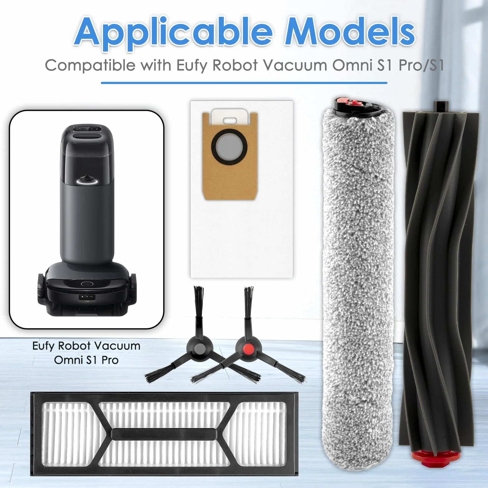 (20 sztuk) Omni S1 Pro części zastępcze kompatybilne z eufy Omni S1 Pro Robot Cleankus, zestaw akcesoriów, 2 gumowe szczotki wałkowe, 2 mopy wałkowe, 6 bocznych szczotek, 5 torb na kurz, 5 filtrów