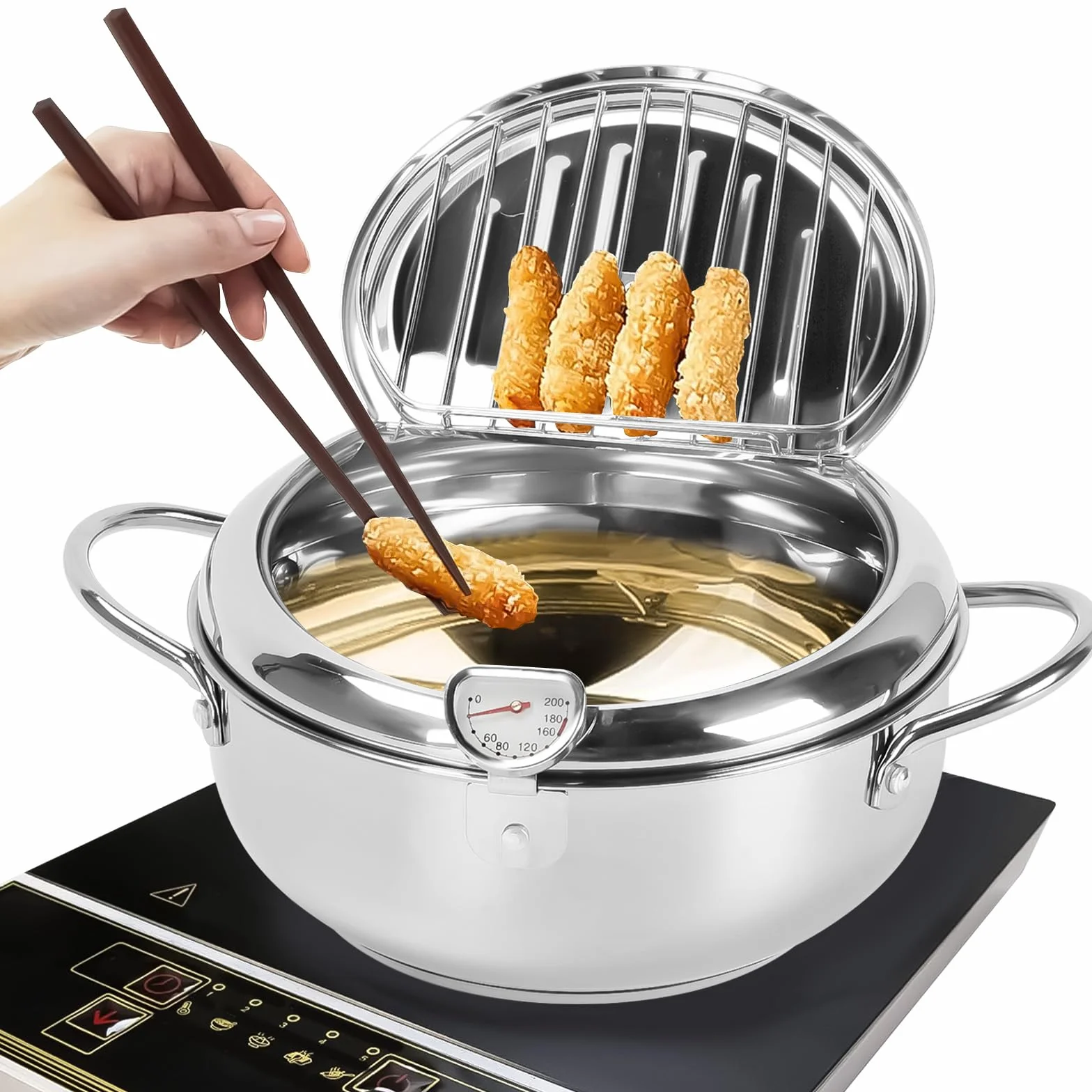 Japońska frytkownica tempura ze stali nierdzewnej z termometrem i pokrywką