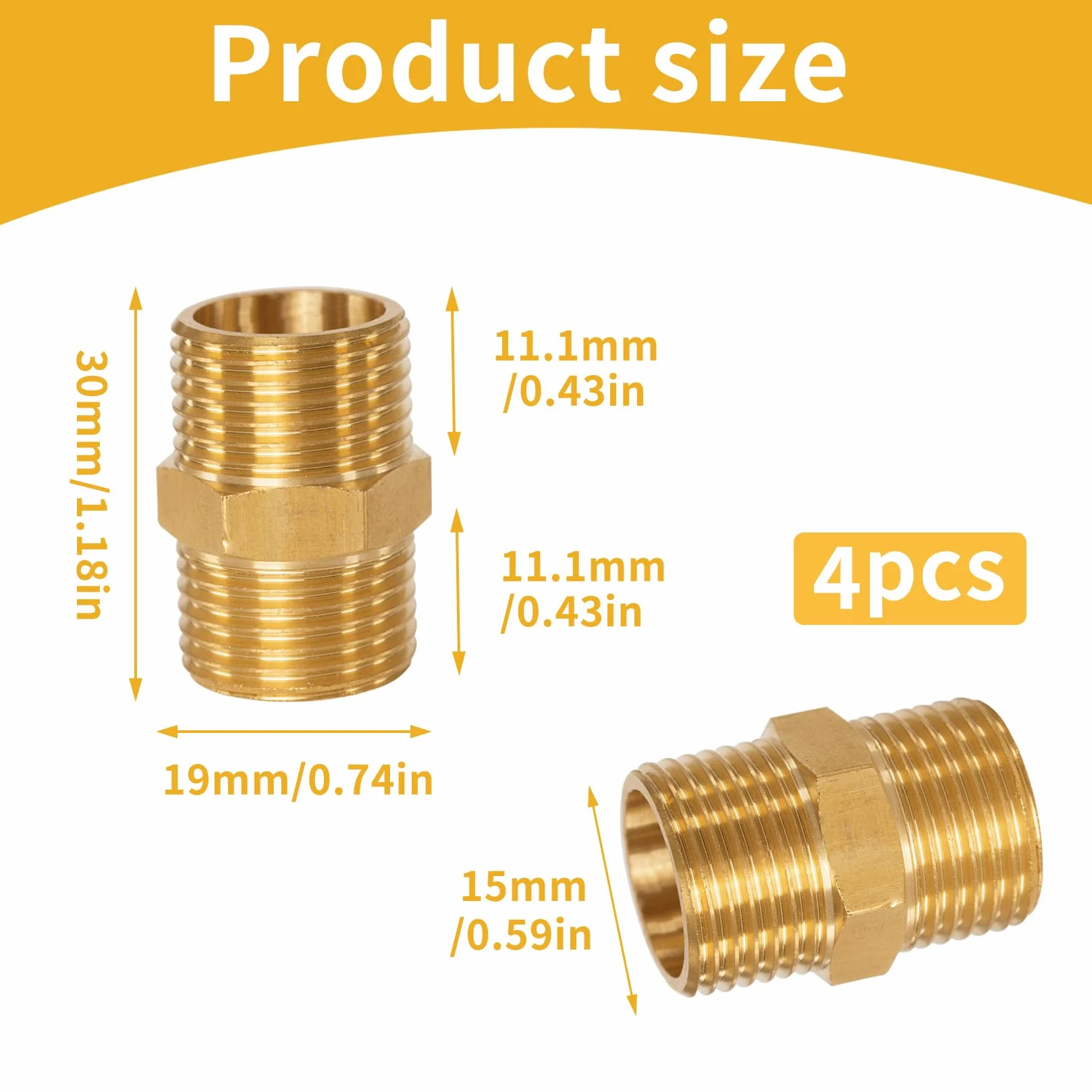 (4 szt.) 1/5.1 cm męski do 1/5.1 cm męski gwint BSP mosiężne złączki do rur sześciokątnych złączki do węży, G1/2 x G1/2 gwint prosty podwójny do łączenia rur konwersji armatura hydrauliczna
