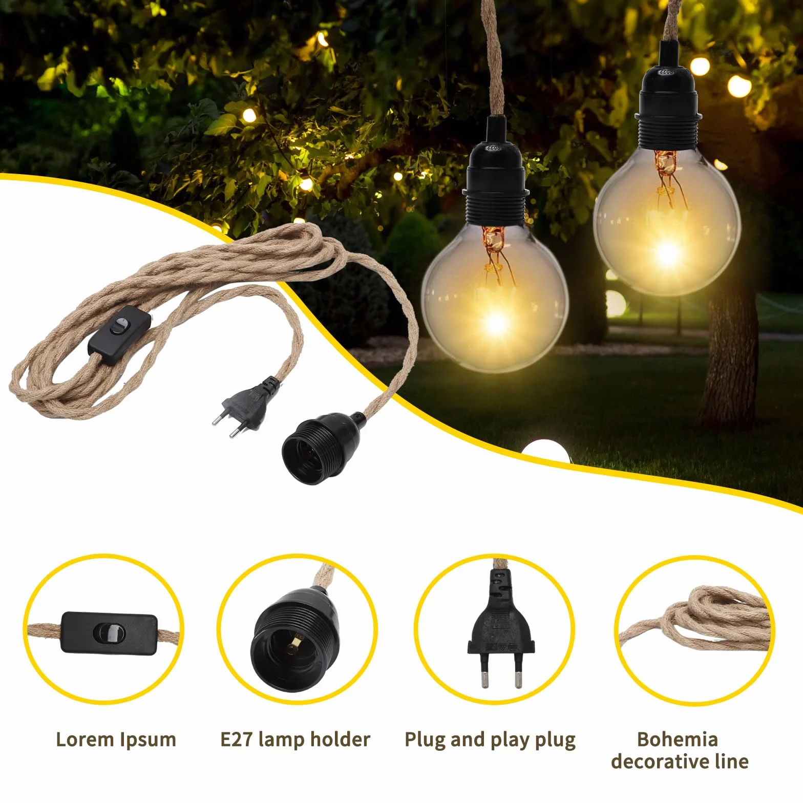 LOANLIUT oprawa lampy E27 z kablem 4,5 m, z woreczkiem śrubowym i hakiem bakelitowym, oprawa lampy z liny konopnej w stylu vintage z kablem i wtyczką, DIY oprawa E27 do salonu, kuchni, baru, odporna
