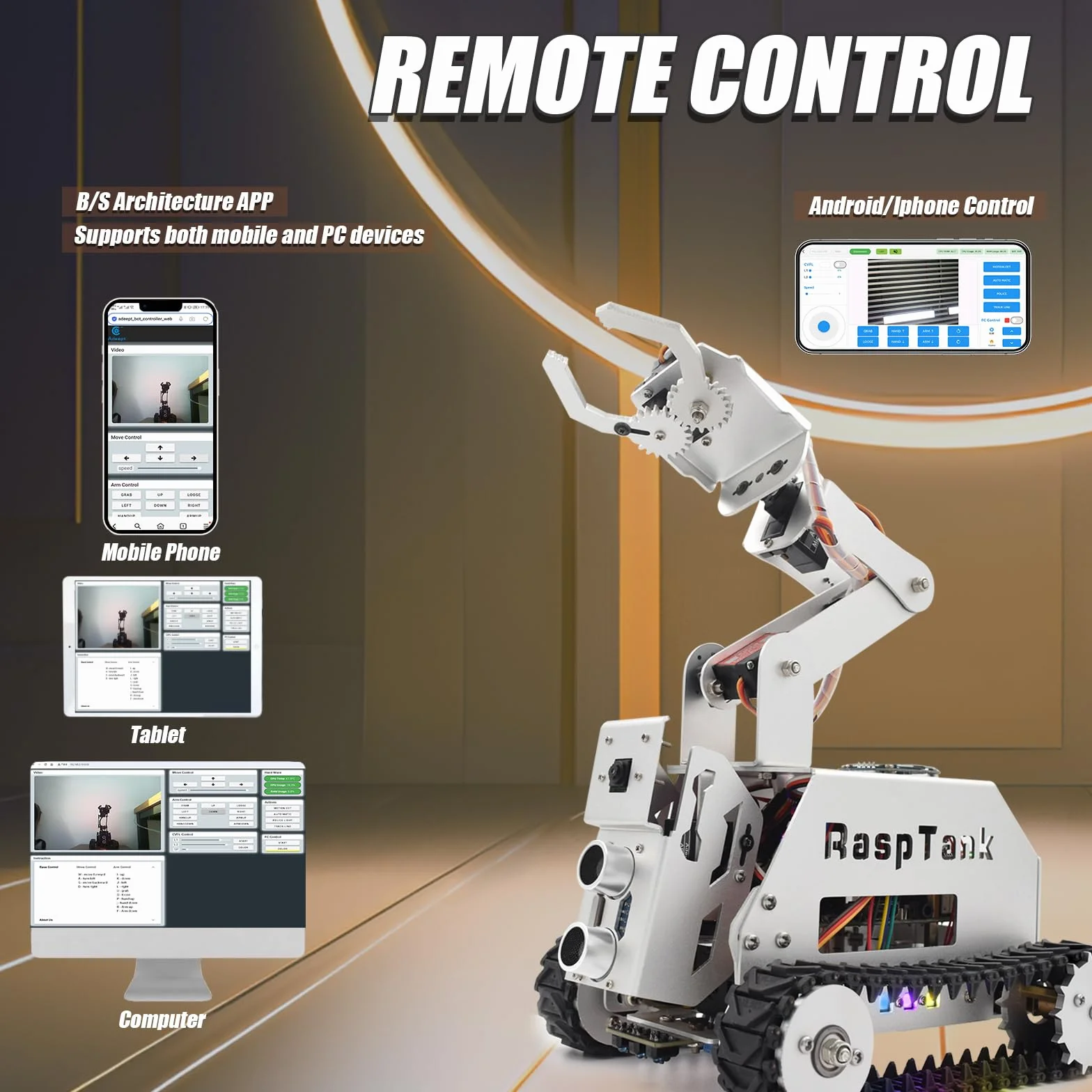 Adeept RaspTank Metal Smart Car Kit for Raspberry Pi 5/4B/3B/3B+(Board Not Included), Tank Tracked Robot with 4-DOF Robotic Arm, OpenCV, Obstacle Avoidance, Line Tracking, with Digital Tutorials