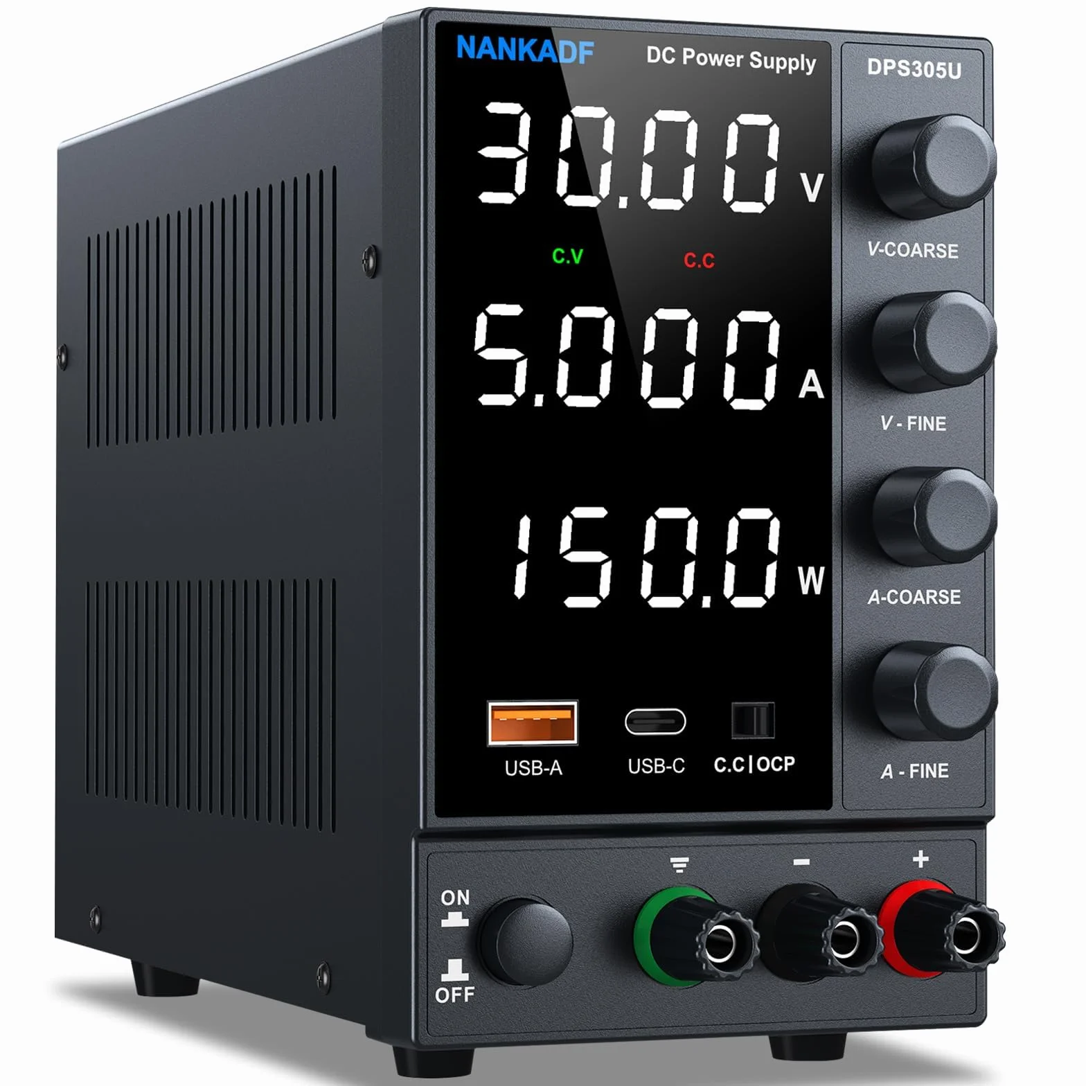 Zasilacz laboratoryjny regulowany 30V 5A DC z USB-A/Type C, precyzyjny wyświetlacz LED
