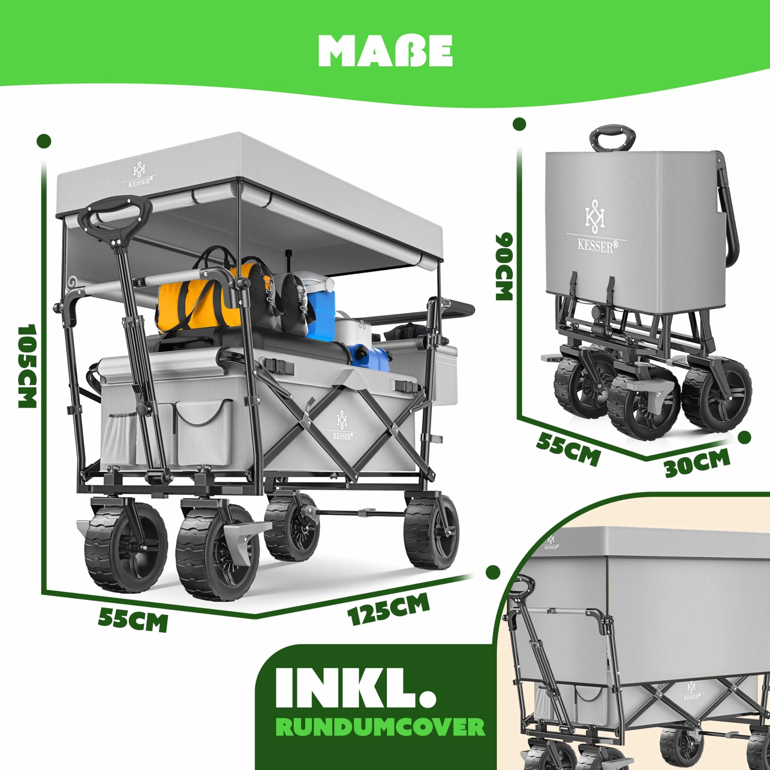 KESSER GT9000 Składany wózek transportowy z dachem, do 80 kg (w zestawie torba do noszenia) – szary