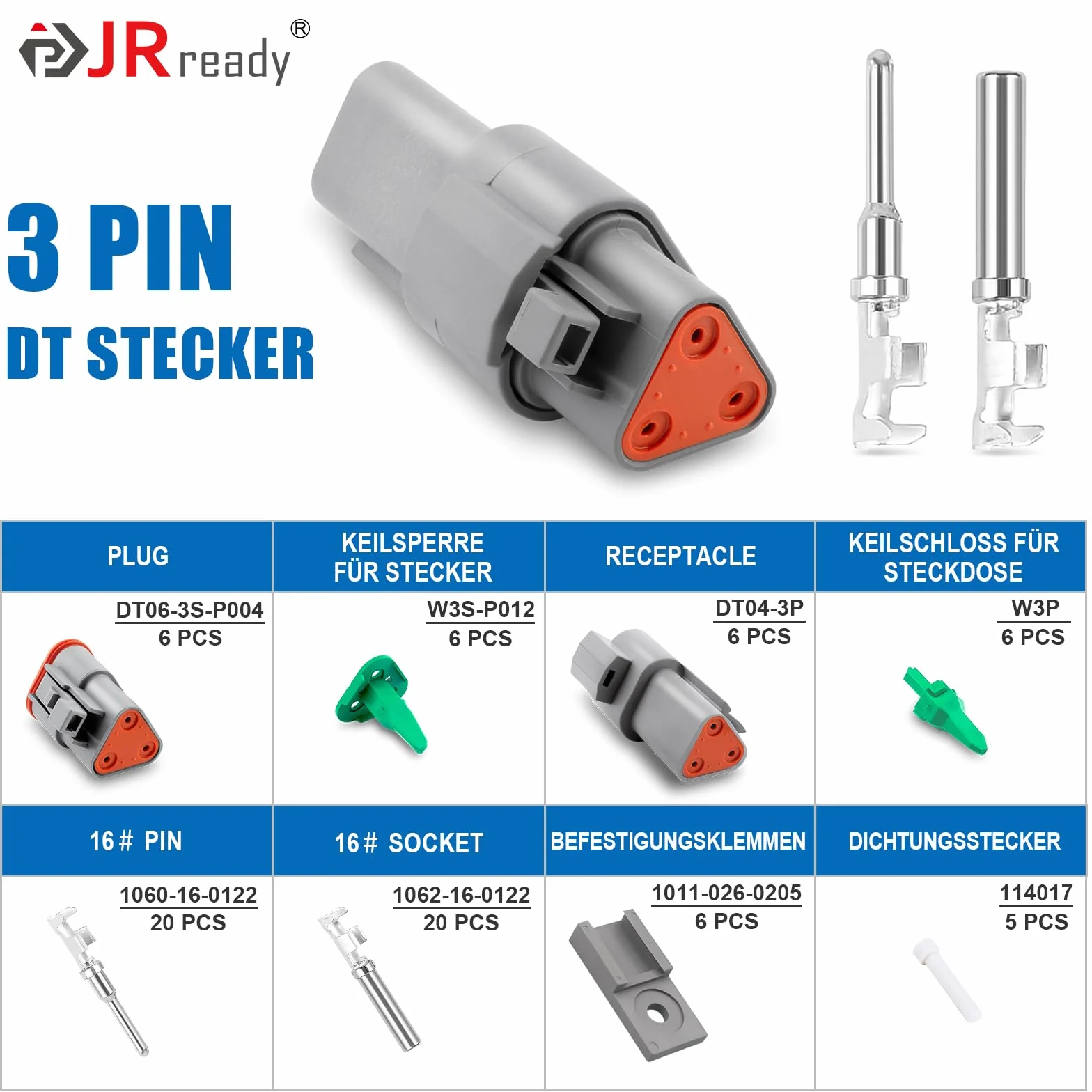JRready zestaw złączy Deutsch DT 3 pin, wodoodporna wtyczka samochodowa IP68, 14-18 AWG, do auta, ciężarówki, motocykla i łodzi, 6 zestawów