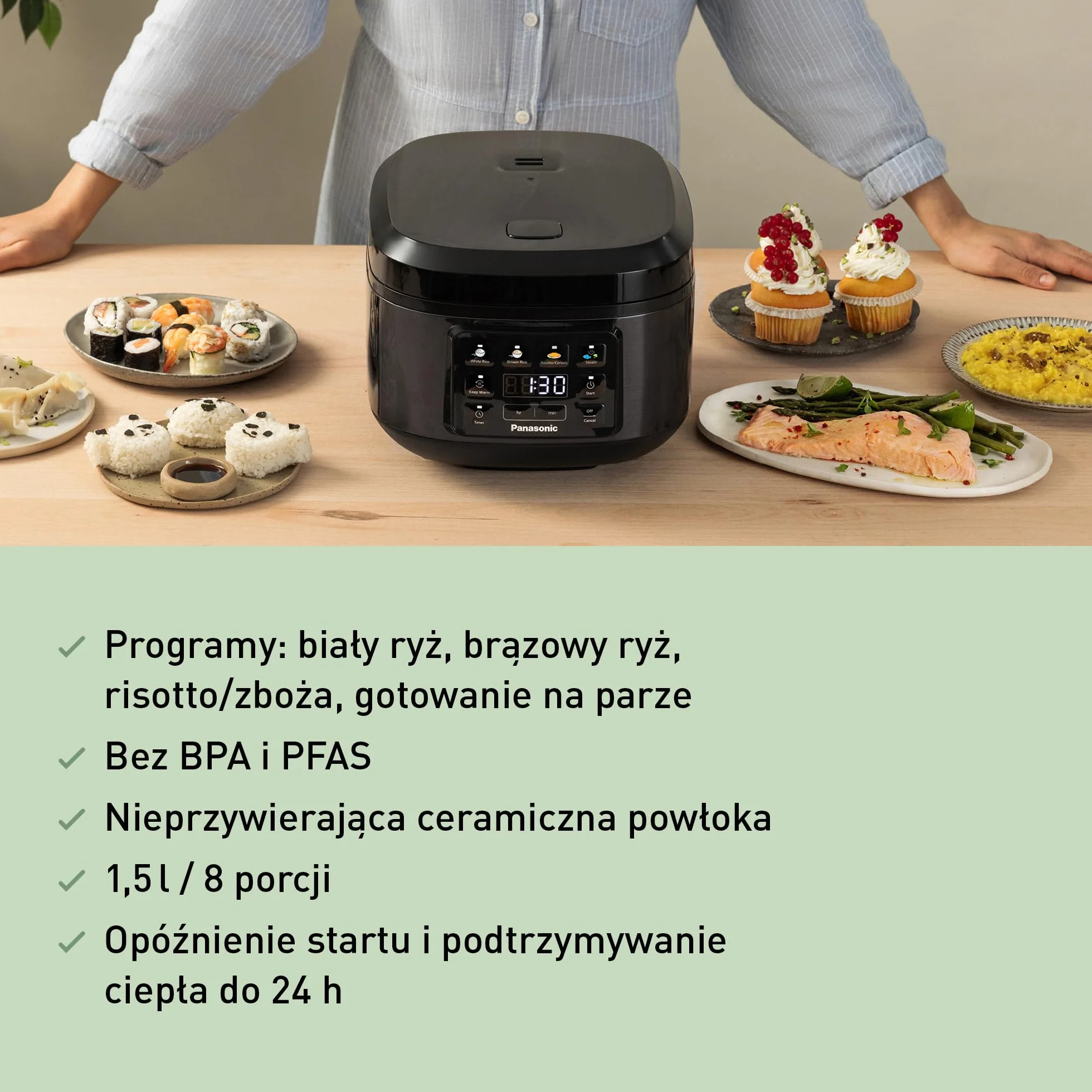 Panasonic SR-DA152KXE Automatic Rice Cooker with Steamer, Fuzzy Logic, Water Ratio Indicator, Dishwasher Safe, BPA Free, Keep Warm Function, Start Delay, Black