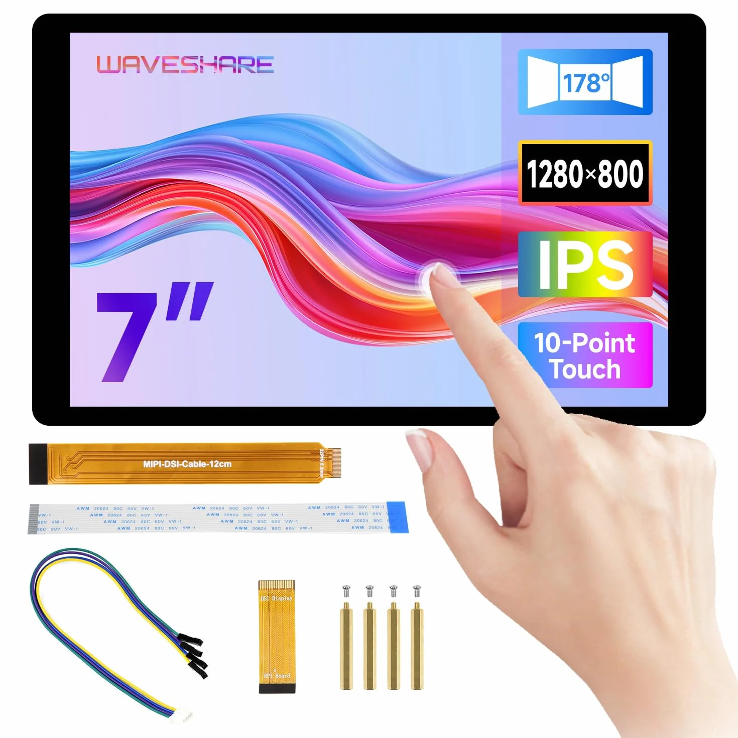 Waveshare 7inch DSI Capacitive Touch Display 2 for Raspberry Pi 5/4B/CM4 IO Board, 1280 x 800, 10-Point Touch, Higher Color Gamut, IPS, Optical Bonding Toughened Glass Panel, DSI Interface