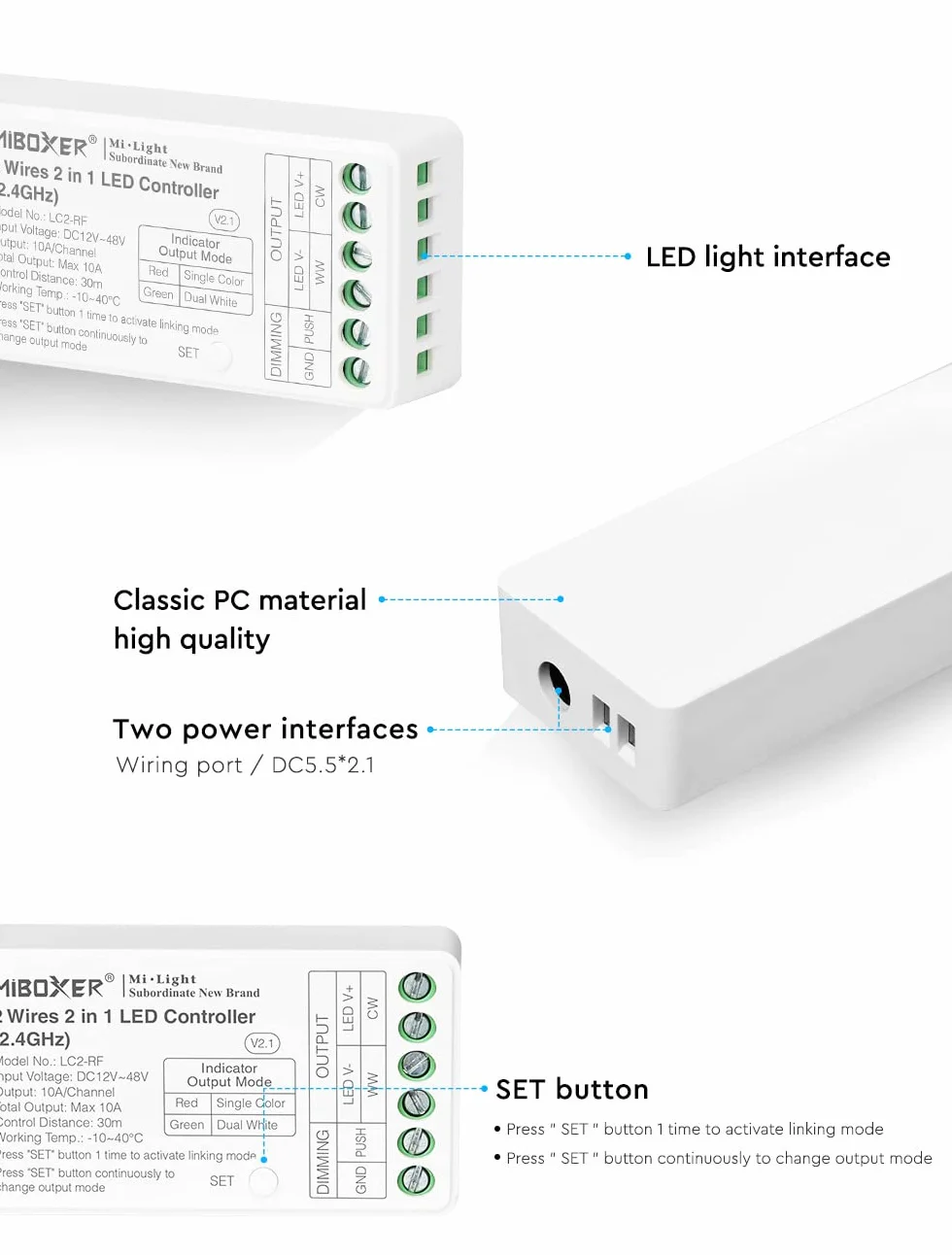 Miboxer 2 przewody 2 w 1 kontroler LED RF 2,4 GHz sterowanie aplikacją smartfona COB CCT podwójny biały taśma LED