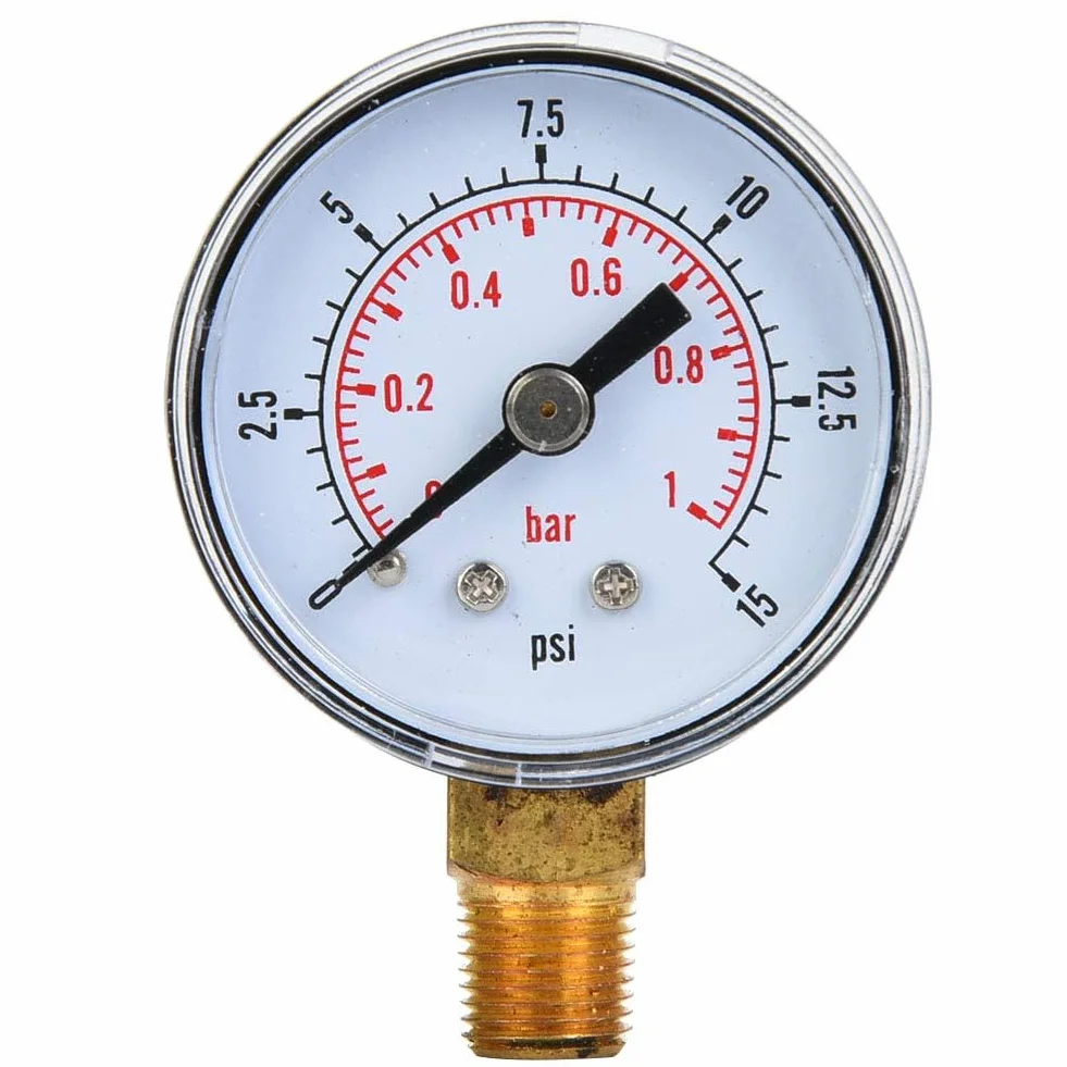 1/8 Cala BSPT Manometr do Montażu Dolnego Mocowanie Dolne, Manometr Powietrza Miernik Ciśnienia Powietrza do Testu Ciśnienia Oleju Wodnego i Paliwa Powietrza (0-15 psi, 0-1 bar)