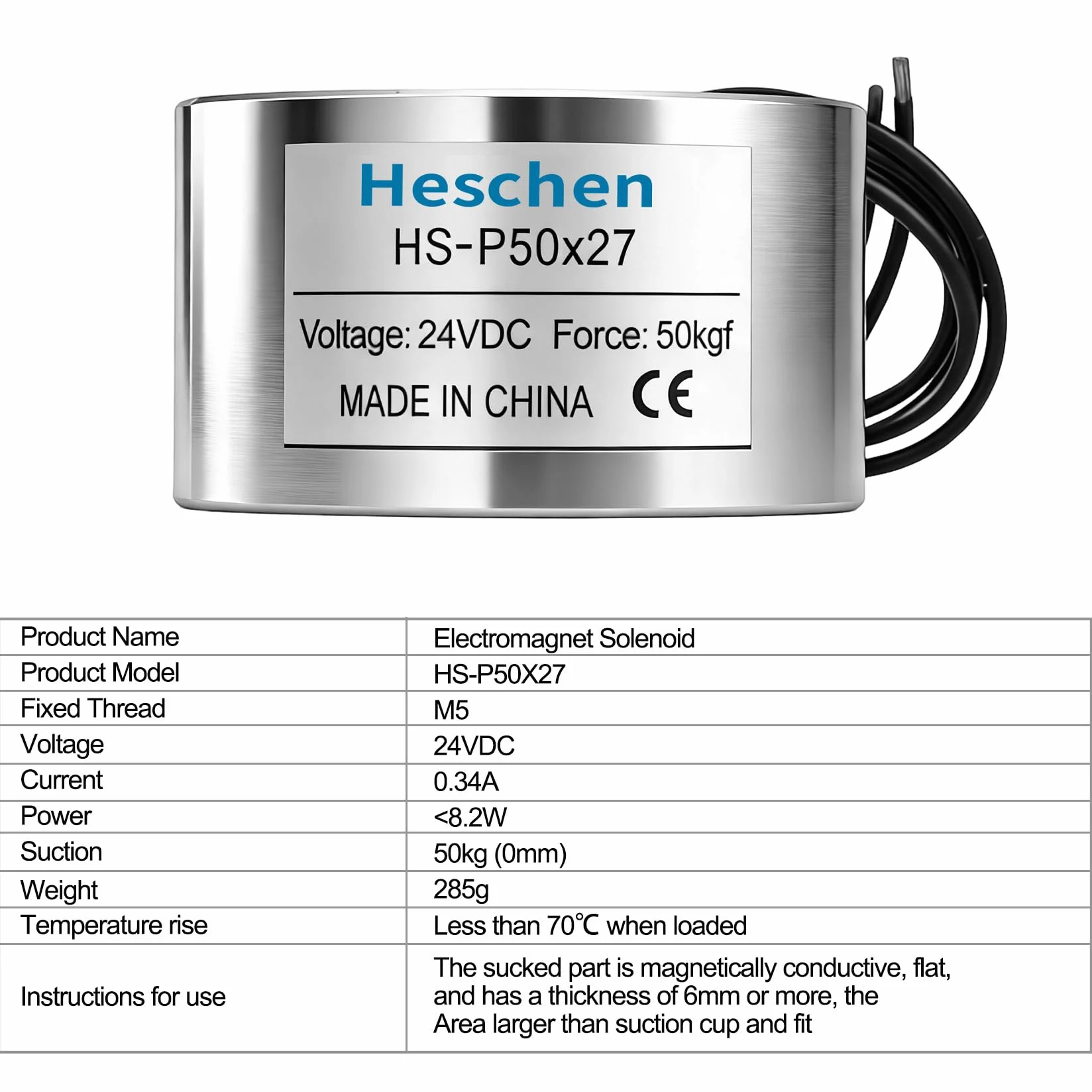 Heschen Elektromagnes elektromagnetyczny, srebrny, okrągły, DC 24 V, 50 kg/110 lb, średnica zewnętrzna 50 mm, rozmiar gwintu M4, długość kabla 23 cm