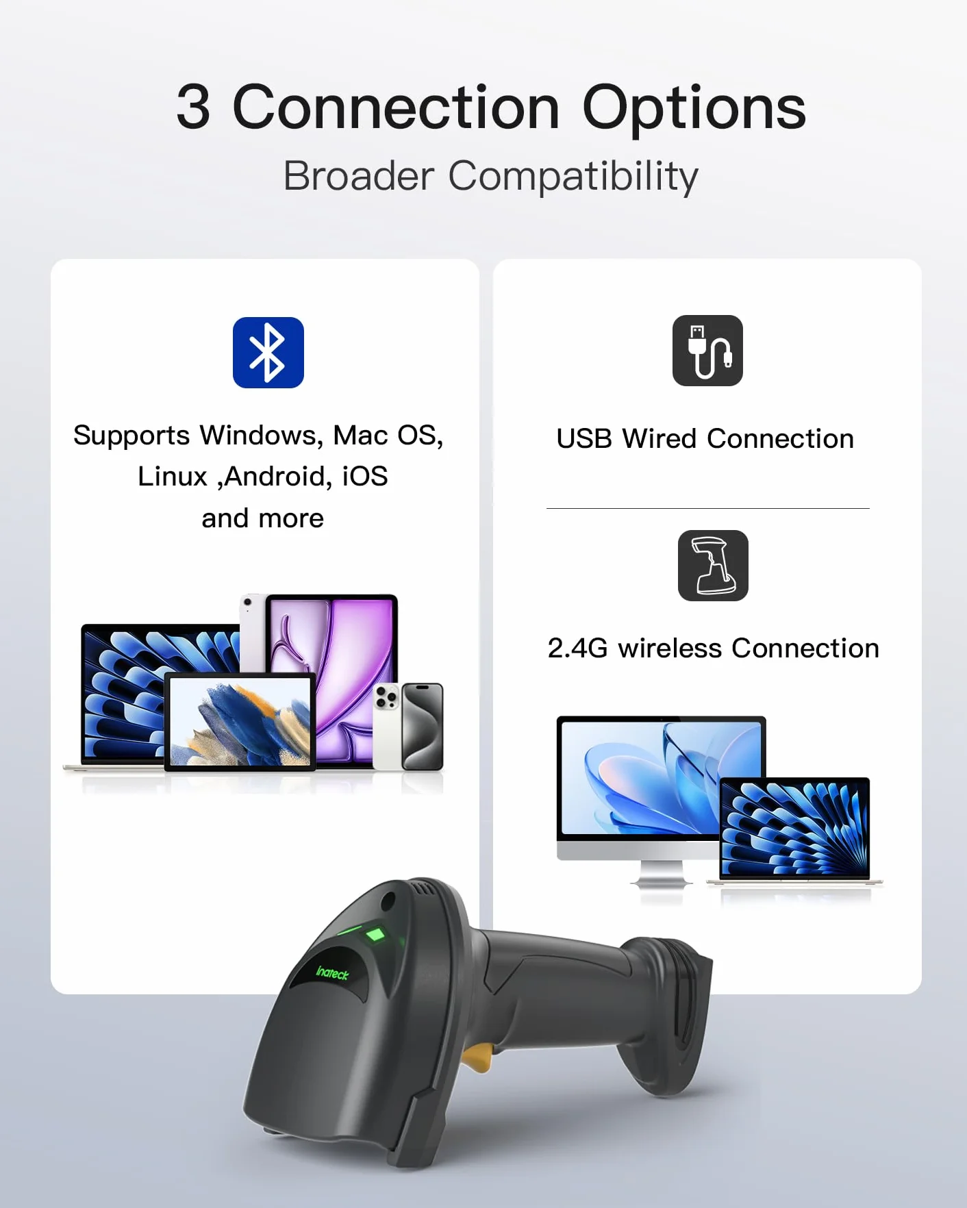 Inateck Skaner kodów kreskowych, bezprzewodowy skaner kodów QR z Smart Base, 1D/2D, Bluetooth/2.4G/USB 3 w 1, kompatybilny z systemem Windows/iOS/Android/Mac/Linux do handlu detalicznego/magazynu