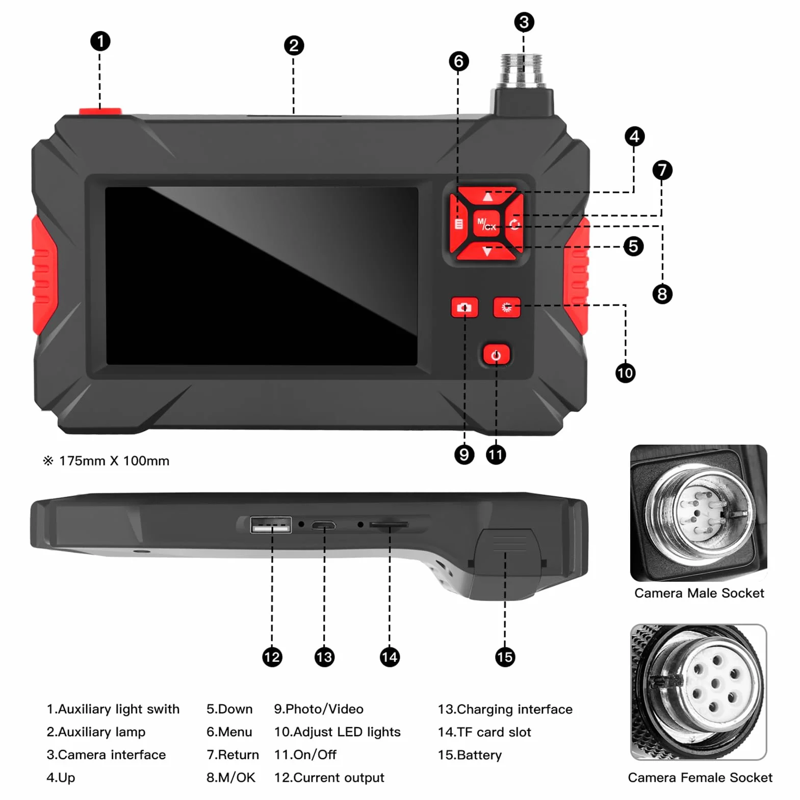 Shkalacar Przemysłowa kamera endoskopowa inspekcyjna z 8 mm wodoodporną podwójną kamerą IP68, wyświetlacz LCD 4,3", 8 + 1 diod LED, przewód stały 5 m, do rurociągów przemysłowych