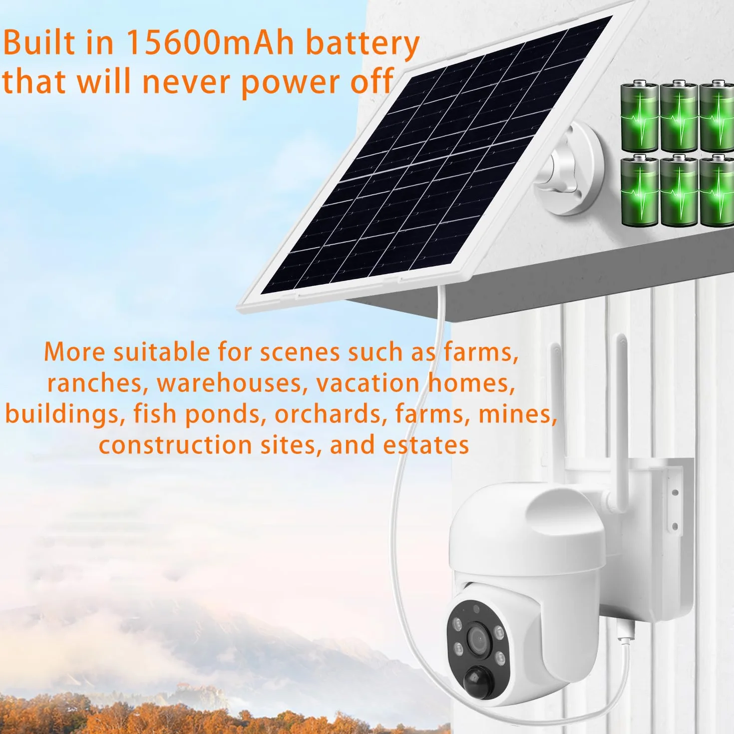 Panel słoneczny 9W/5V z wbudowanym akumulatorem 15600mAh,z kablem do ładowania 3 w 1 o długości 1.5m(złącze micro USB,typ C i DC 3,5x1,35) do kamer bezpieczeństwa i innych urządzeń,wodoodporność