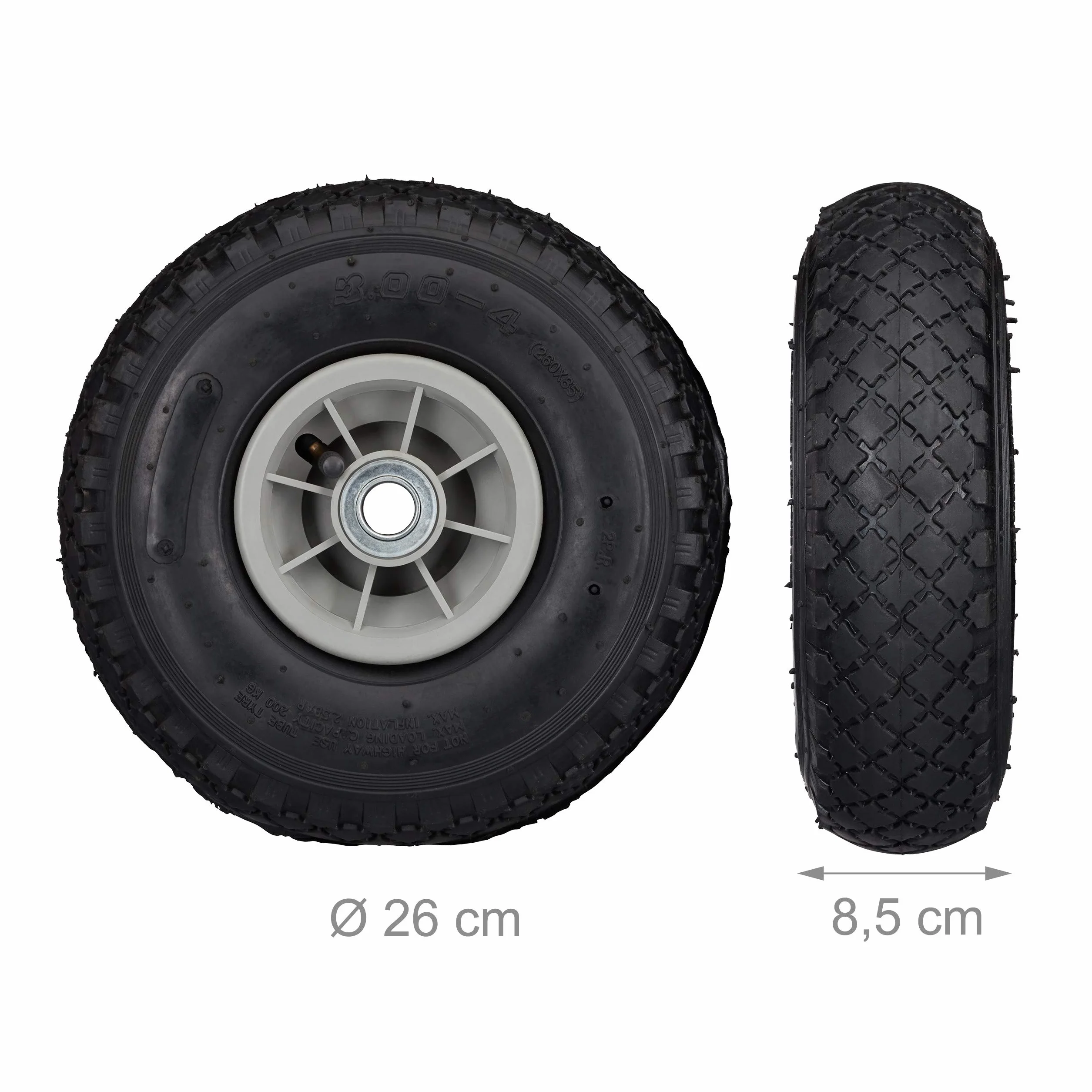 Relaxdays Koło do wózka transportowego 3.00-4, zestaw 2 sztuk, opony pneumatyczne, do 80 kg, felga z tworzywa sztucznego, 260 x 85 mm, czarno-szare