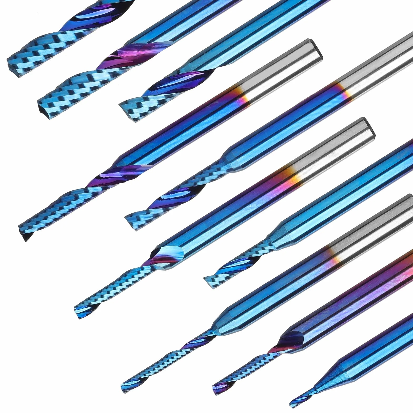 Genmitsu Zestaw 10 frezów spiralnych z węglika wolframu z trzonkiem 1/8" (pojedynczy flet), frezy CNC, 91,5 większe, powlekane niebiesko HRA Nano OS10B