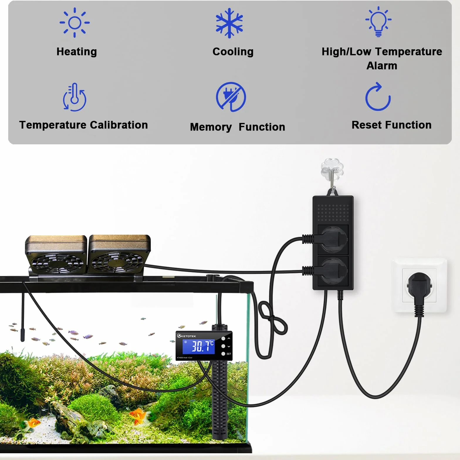 KETOTEK Kontroler Temperatury Termostat Wtyczka Gniazdo Elektryczne Cyfrowy z 2m wodoodporna sonda 220V dla Akwarium Szklarnia Lodówka Przełącznik sterowania ogrzewaniem chłodzenie