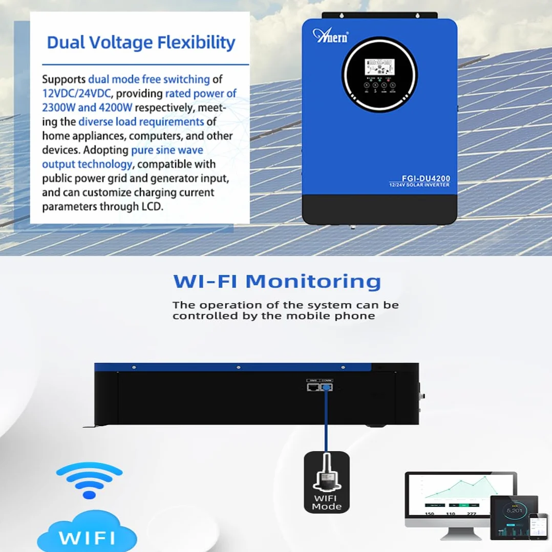 Anern Hybrydowy Falownik Solarny 2kW 4kW Off-Grid Sinusoidalny 12V/24V DC 220V/230V AC MPPT 100A