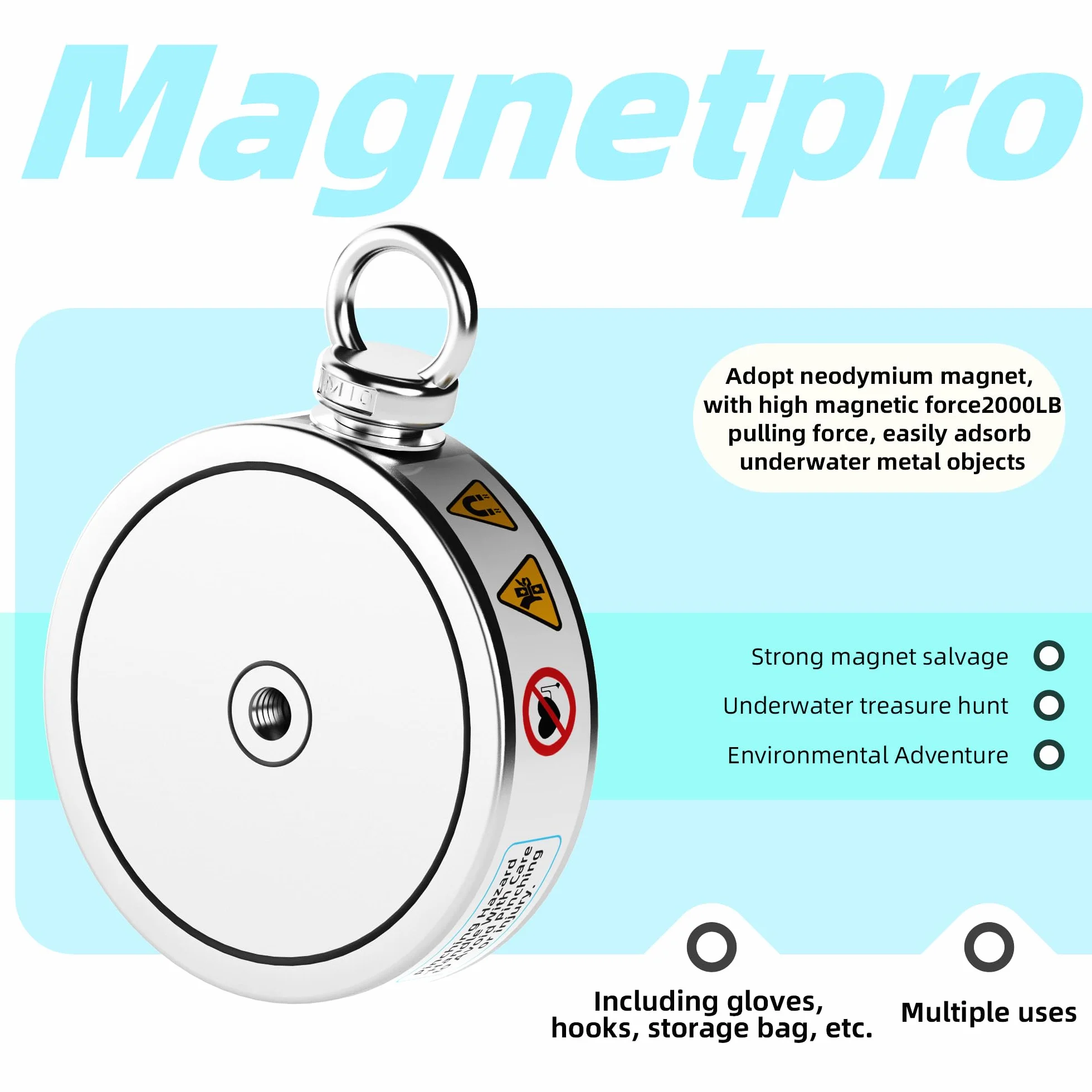 Magnetpro 900 kg, kompletny zestaw magnesów przychodzących, dwustronny magnes wędkarski zawiera silny magnes neodymowy, trwała linka o długości 20 m, karabińczyk, rękawiczki, haczyk i torbę do