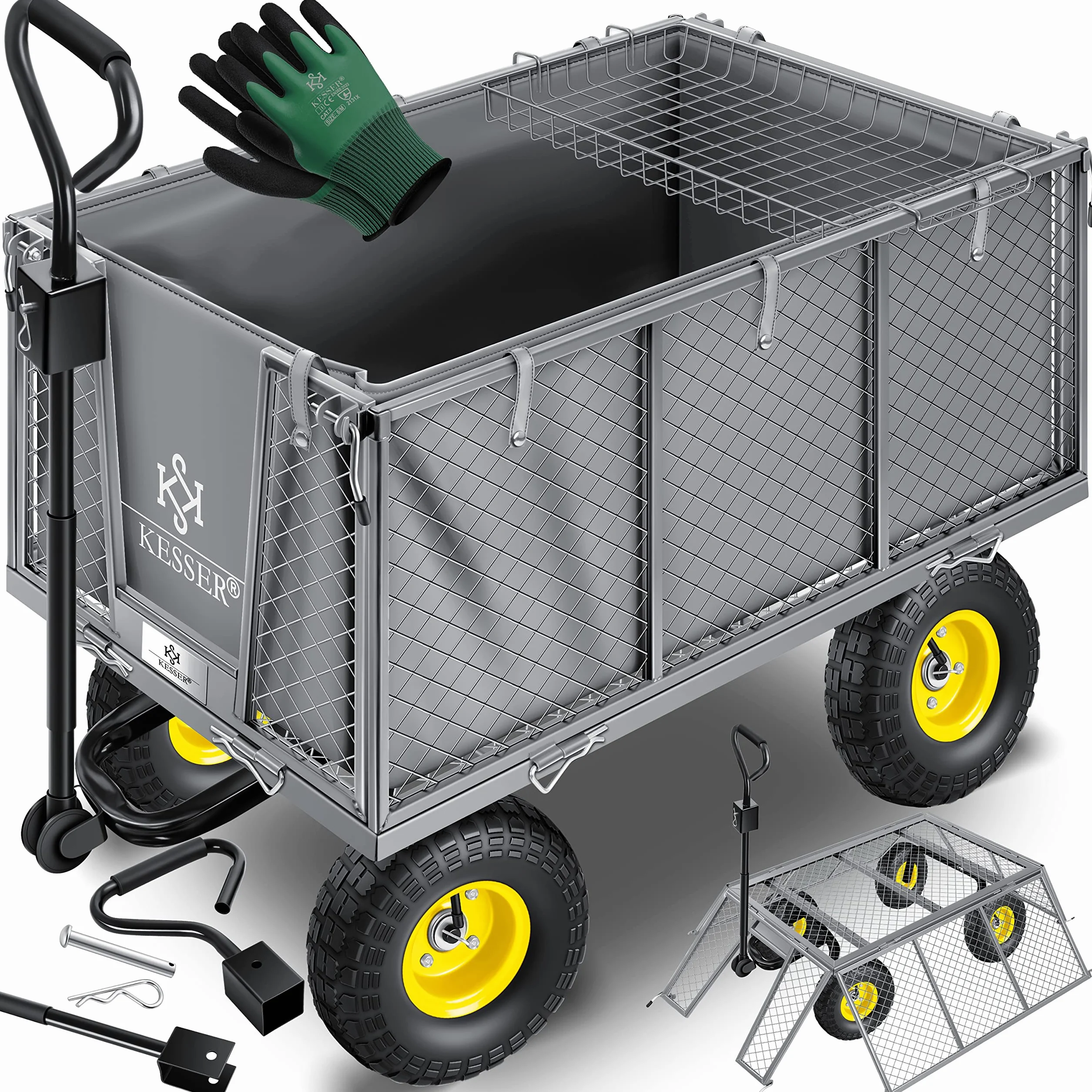 KESSER Wózek ogrodowy, udźwig 550 kg, wózek transportowy, wózek ogrodowy, wyjmowana plandeka, wózek na narzędzia, wózek ręczny, wszechstronne zastosowanie, w zestawie rękawice szare