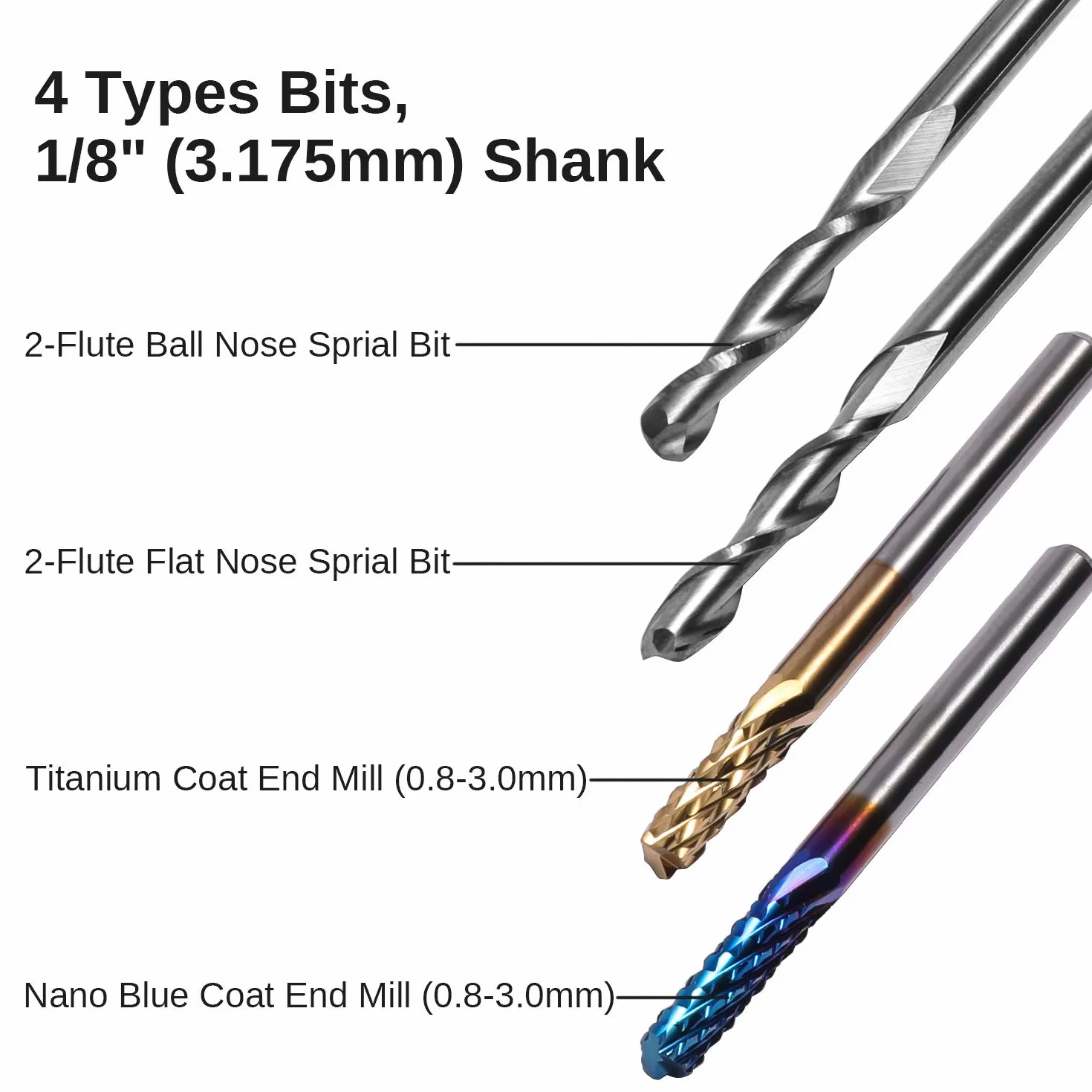 Genmitsu MC40A zestaw frezów trzpieniowych z łącznie 40 bitami do frezowania CNC, trzpień 1/8", zestaw frezów CNC z 2 rowkami frezami płaskimi i kulkowymi, nano-niebieską powłoką i powłoką tytanową,